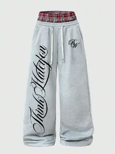 American Retro Think Hatcylon Script Double Waistband Sweatpants, Dual Waistband Lazy Wide Leg Sports Pants, Comfortable and Stylish Athletic Wear