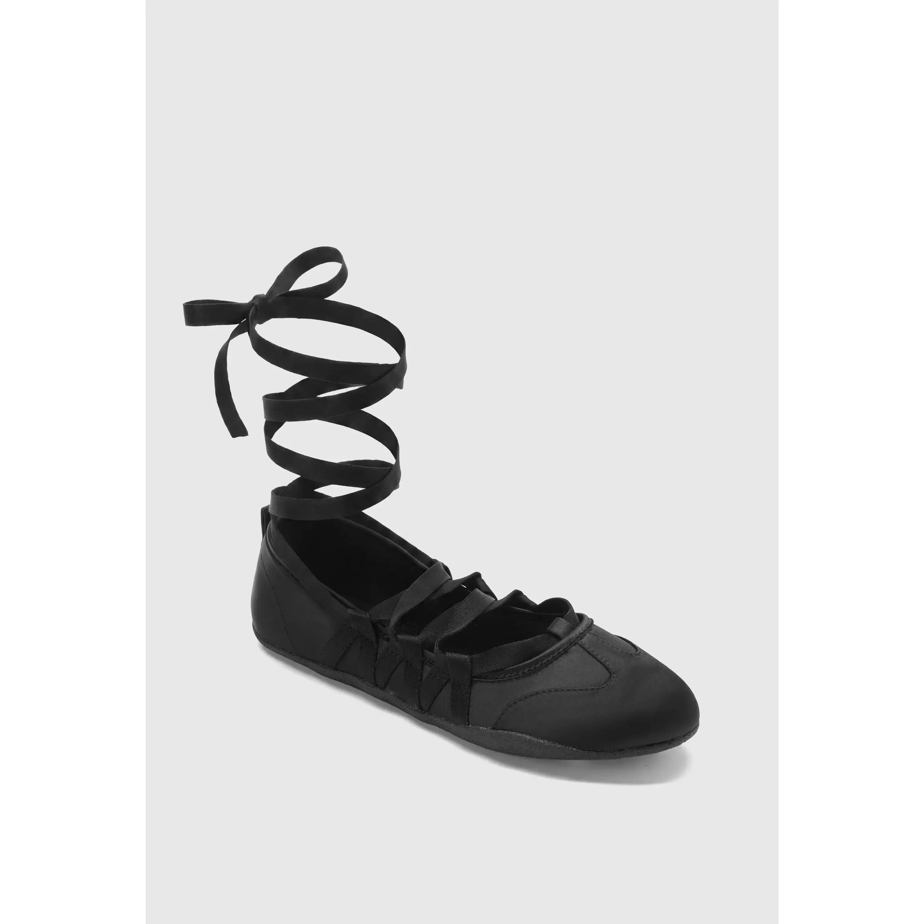 JUST FAB Women's Satin Ballet Flats - Crisscross Ankle Tie, Adjustable Ribbon Lace-Up, Round Closed Toe, Low-Profile Flat Sole, Black Laced, Bow Cross Strap Classic Footwear, Black Laced Ballet Flats