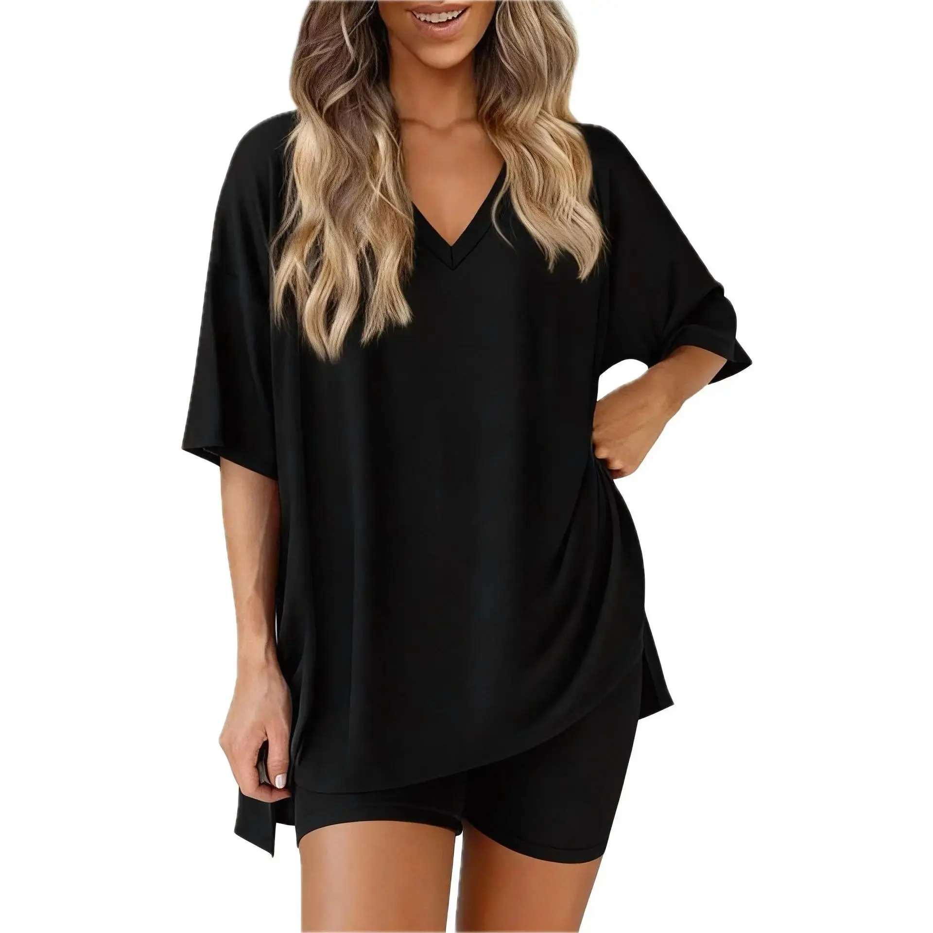 Women's 2-Piece Plus Size Loungewear Tracksuit Lightweight Oversized V-Neck T-Shirt & Biker Shorts Matching Set Summer Outfit