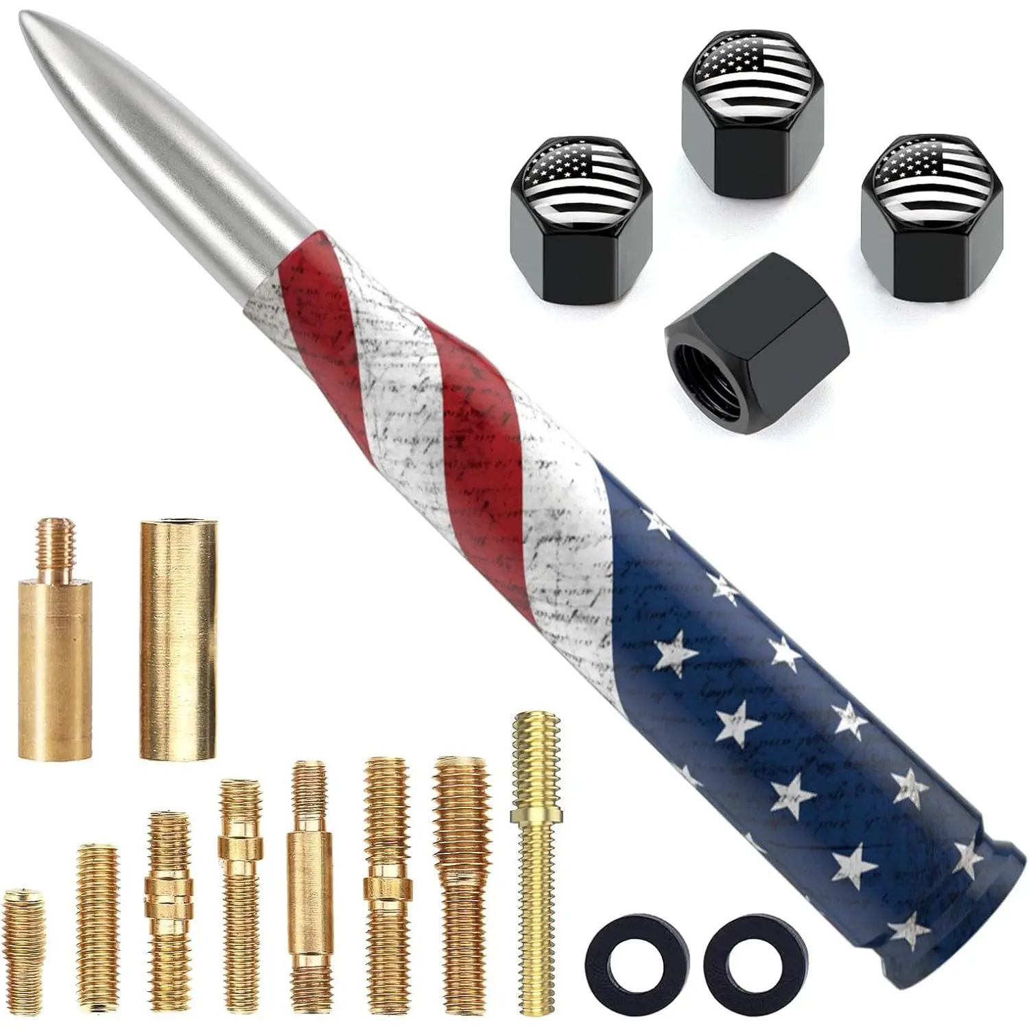 Silver Car Truck Bullet Antenna Replacement Mast with American Flag Style Valve Stem Caps - Car Accessories, Vehicle Accessories, Auto Parts for GMC Sierra, Chevy Silverado, Dodge Ram 1500/2500/3500, Ford F150/F250/F350 Super Duty Raptor, Auto Parts Acces
