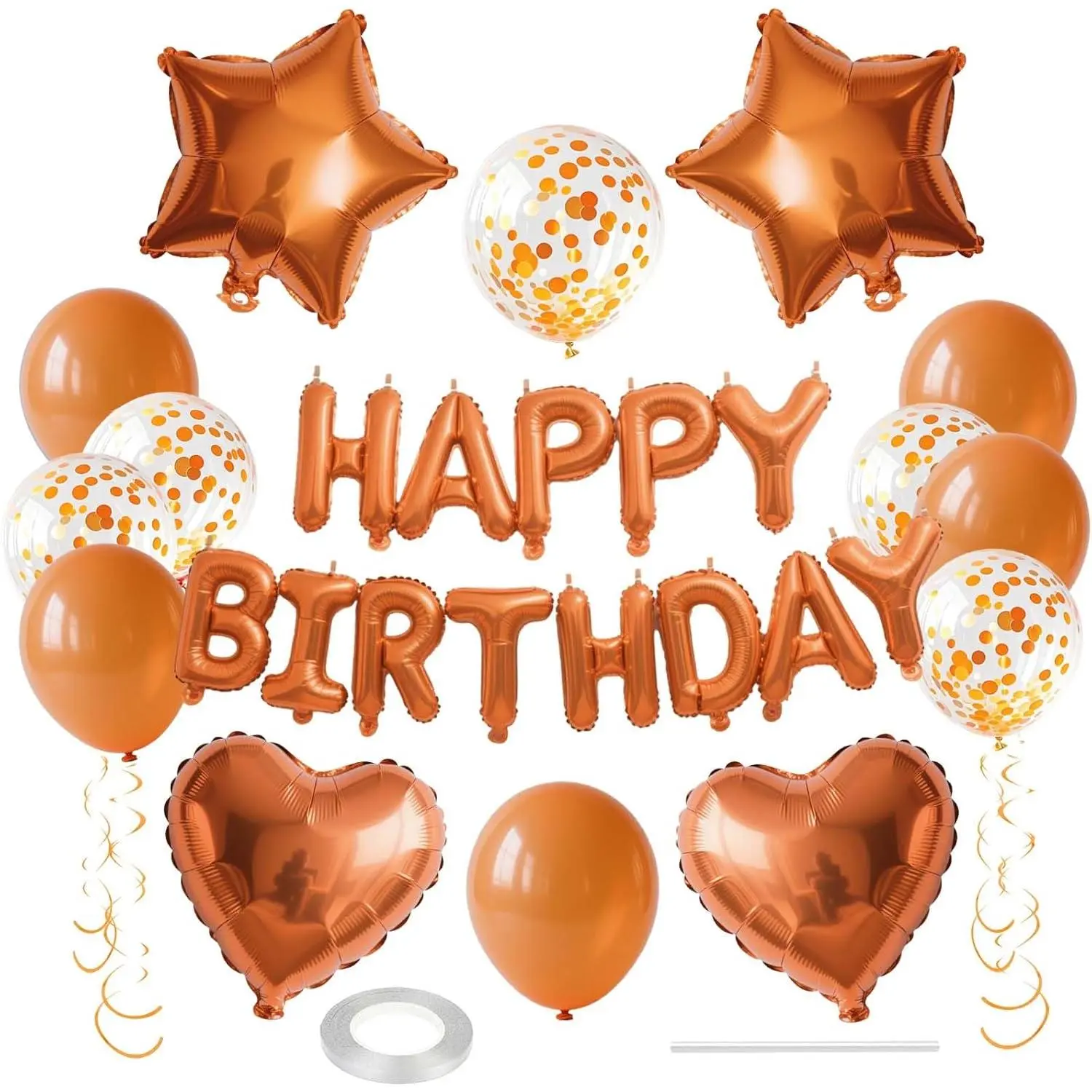 27 Pcs Orange Birthday Decorations, 3D Letters Orange Happy Birthday Balloon Banner, Pentagram Heart Foil Balloons Confetti Balloons Kit For Boys Girls Party Supplies
