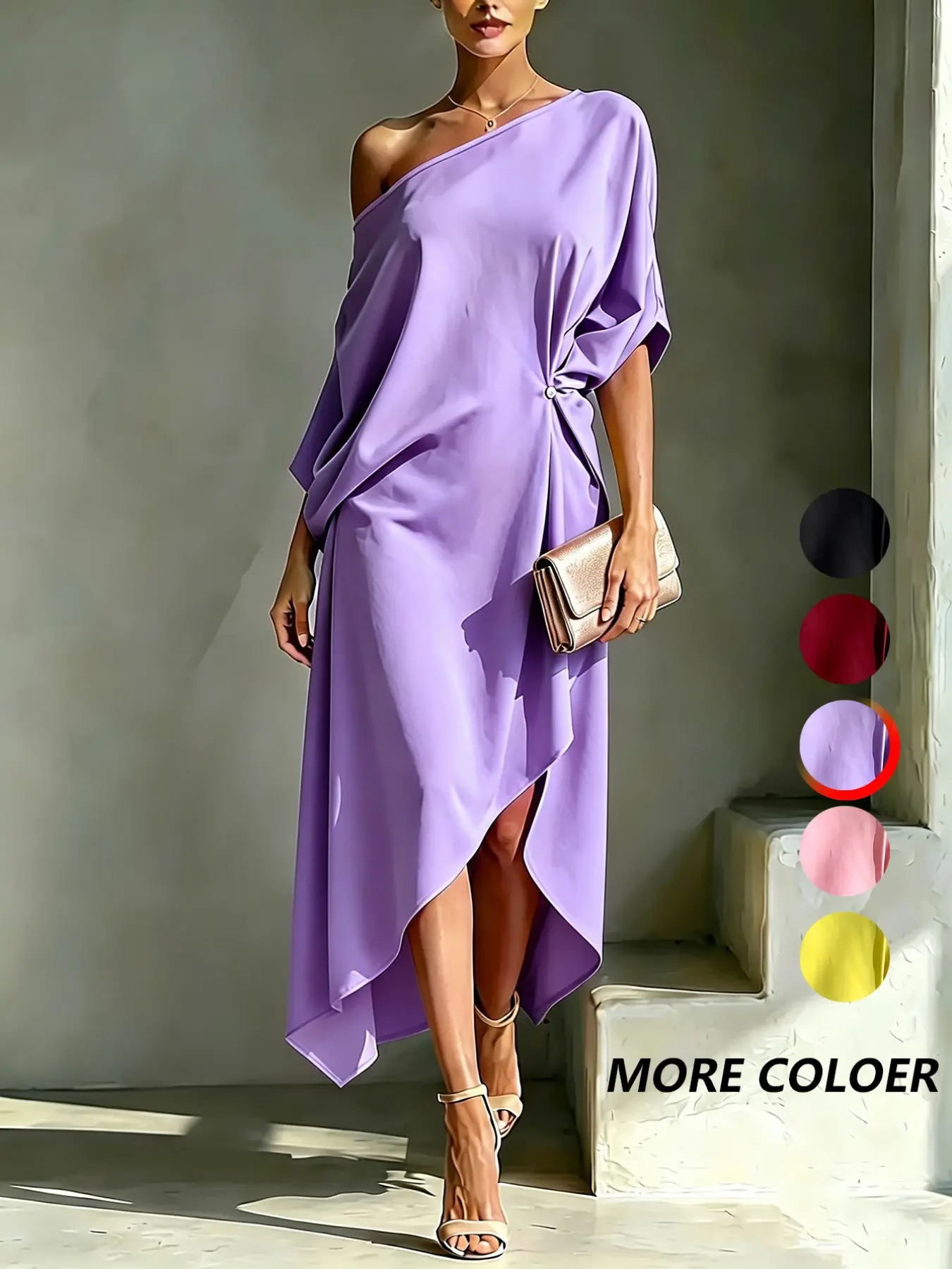 Elegant Simple One-Shoulder Asymmetrical Midi Dress, Slim Fit Evening Gown, Chic Casual Wear, Perfect for Special Occasions