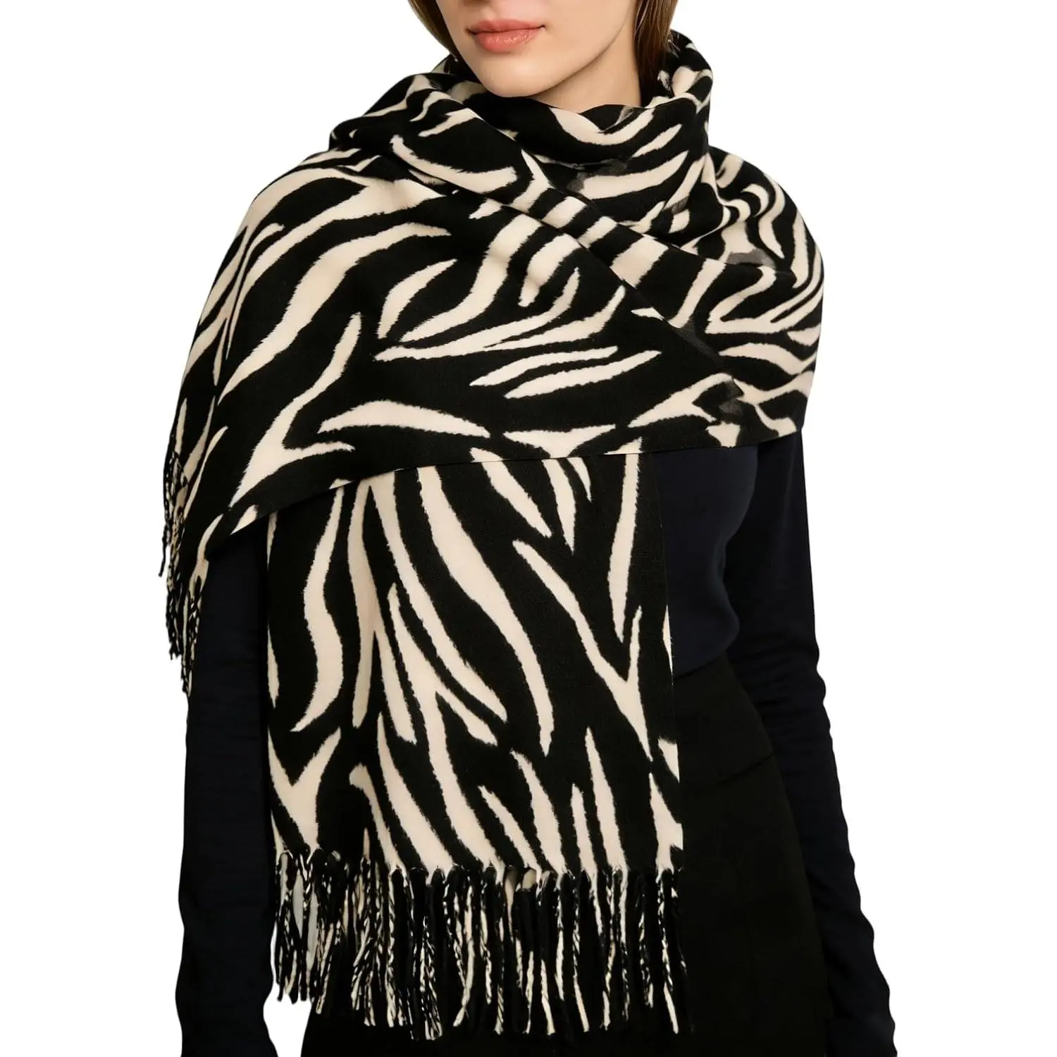 Women's Soft Printed Scarf, Modern Casual Oversized Shawl Wrap in a Long Synthetic Blend with Tassels for Winter