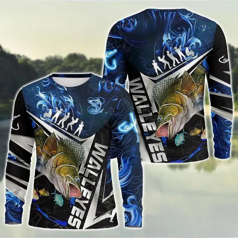 Walleyes Fishing Silver Line Blue Flame Graphic Long Sleeve Shirt, 3D Printed Fishing Team Shirt, Ideal Outdoor Fishing Lover Gift