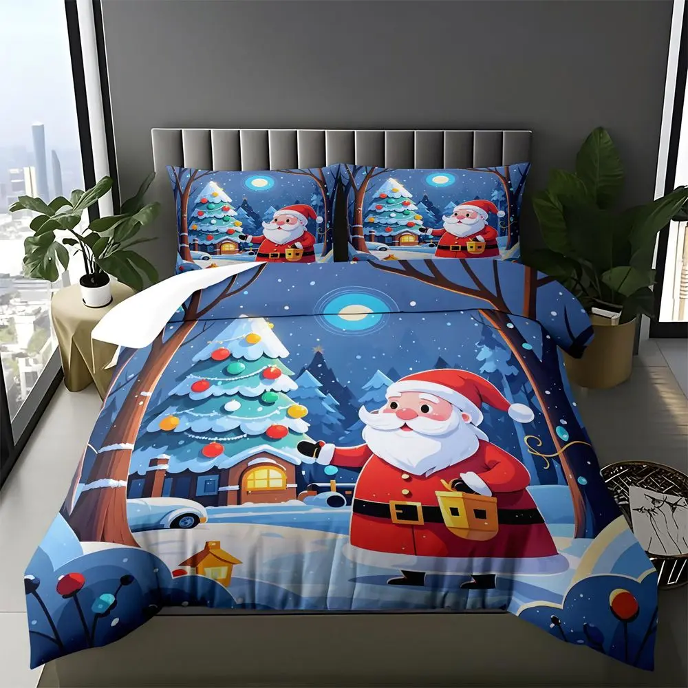 2/3Pcs Christmas Santa Claus Duvet Cover Set, Festive Holiday Bedding Set, Winter Forest Printed Duvet Cover with Pillowcase, Soft Cozy Bedding for Kids Bedroom Decor No Fillers