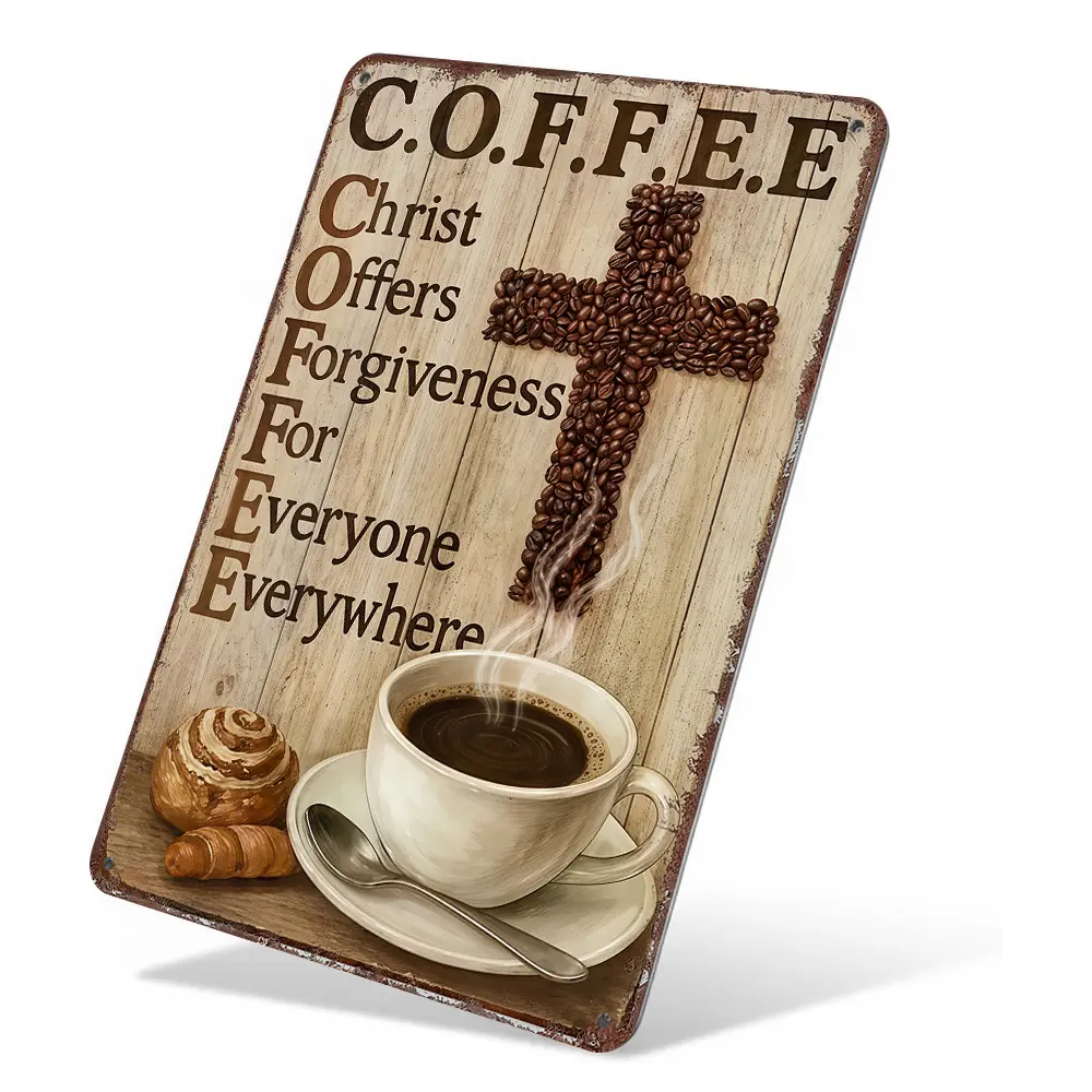 C.O.F.F.E.E Christ Offers Forgiveness For Everyone Everywhere Metal Sign, 8x12 In Aluminum Distressed Retro Plaque, Waterproof Rust-Free Coffee Bar Gift, Home Wall Decor
