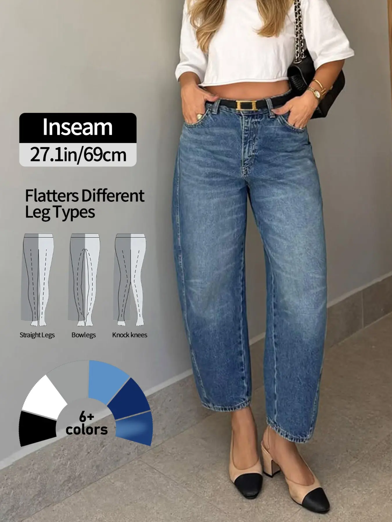 NVFelix Blue Barrel Jeans for Women, Casual Loose Fit Conical Pants, Elegant Four-Season Denim, Button Fly, Ankle Length, Natural Waist