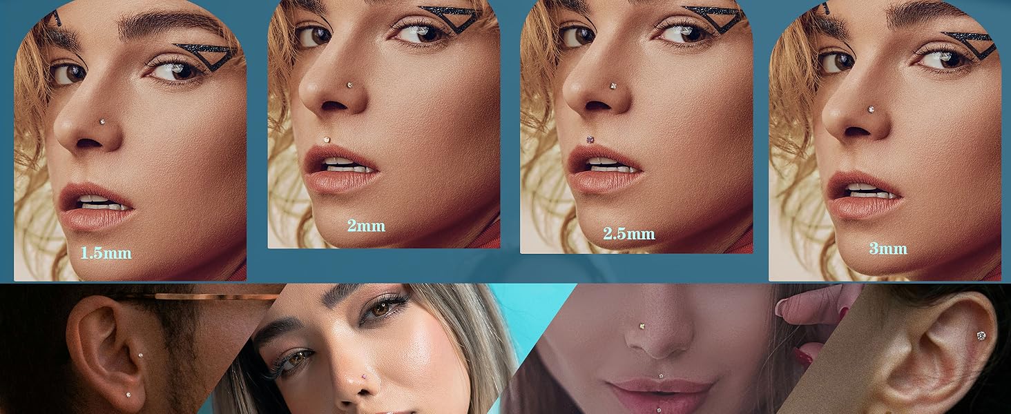 Trendy Summer 18PCS Threadless Nose Rings Studs for Women Men 20G 18G 16G Hypoallergenic Surgical Stainless Steel Labret Lip Rings CZ Opal Push in Earrings Flat Back Nose Stud Cartilage Nostril Conch Helix Tragus Piercing Jewelry