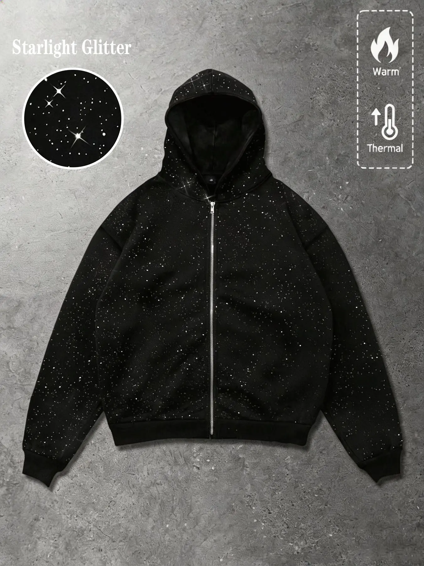 Glittery, fleece-lined, warm, zip-up hooded cardigan/sweatshirt; all-over glitter, full zip-up men's jacket, black, loose fit, casual, unisex, suitable for everyday wear, high-street fashion, trendy street style, Casual loose zipper