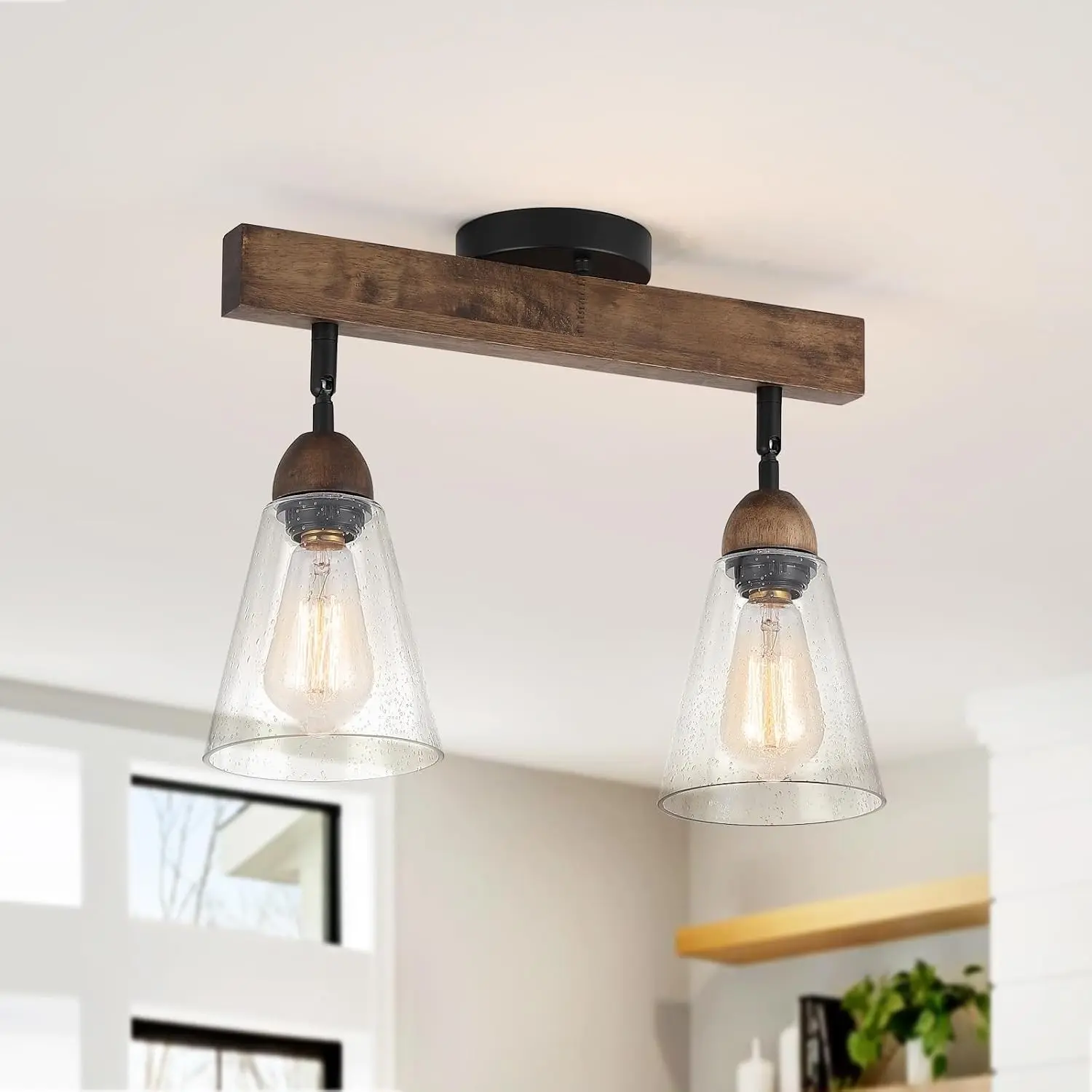 2-Light Rustic Farmhouse Glass Track Flush Mount Ceiling Light, Mini Clear Seeded Glass Shade & Oak Wood Semi Flush Mount for Kitchen Bedroom Hallway Entryway Sink