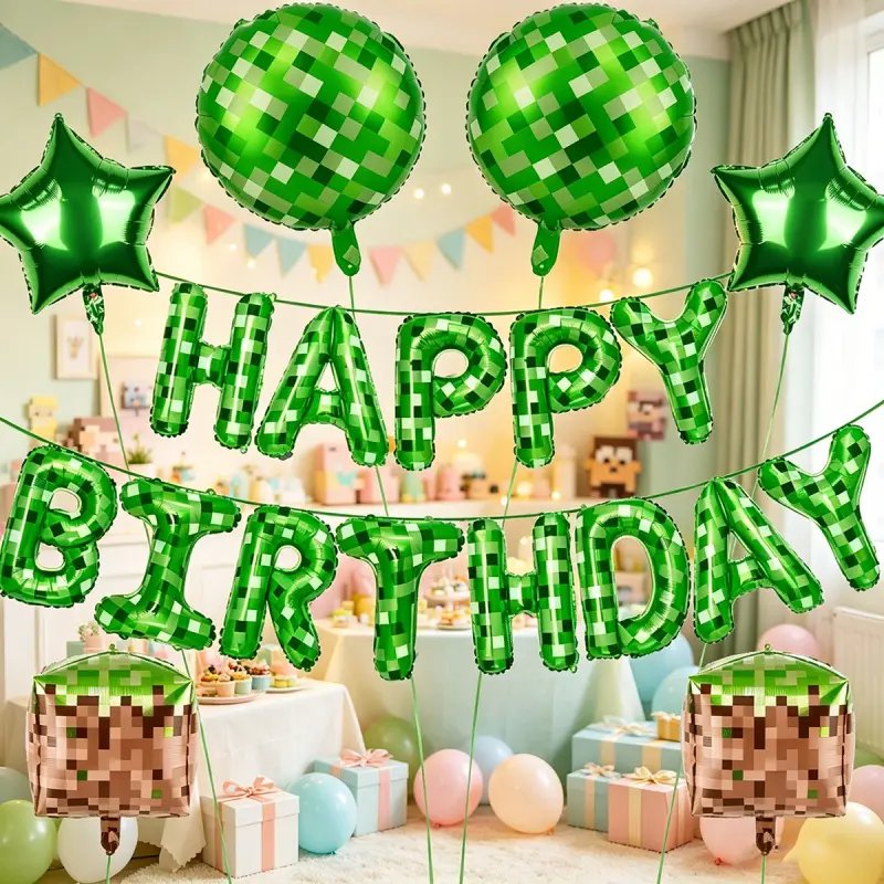 19-piece green pixel-themed birthday celebration banner decoration set, including happy birthday backdrop, pixel balloons, essential theme party supplies, and pixel backdrop, suitable for birthday decorations and indoor/outdoor celebration decorations