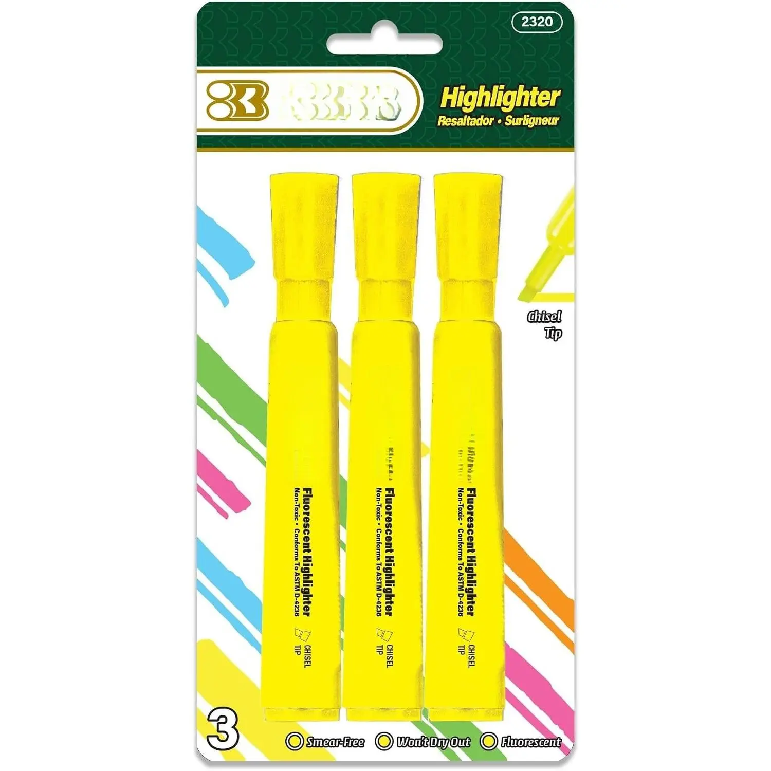 Highlighter Yellow Color Desk Style, Chisel Tip Broad Fine Line Highlighters, Unscented Highlighting Coloring Marker (3/Pack), 1-Pack | Quick-dry, Yellow fluorescent desk-style highlighters, wide barrel,  ink, ASTM D-4236, odorless