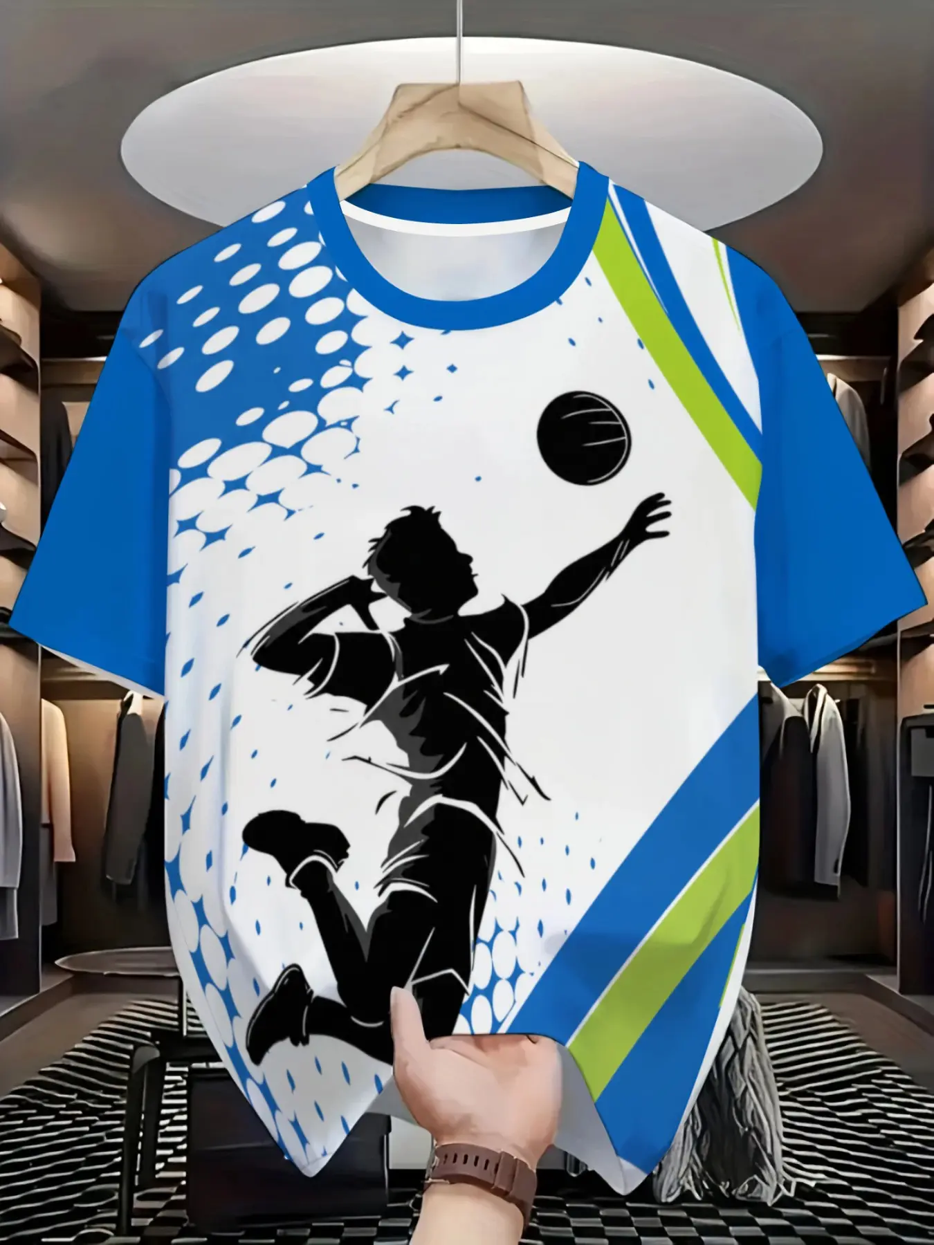 Men's American High Street Volleyball Silhouette Jersey, Loose Fit Sport Short Sleeve, Comfortable Breathable Fabric, Blue Block Tee, Casual Sports Top, Casual Sportswear