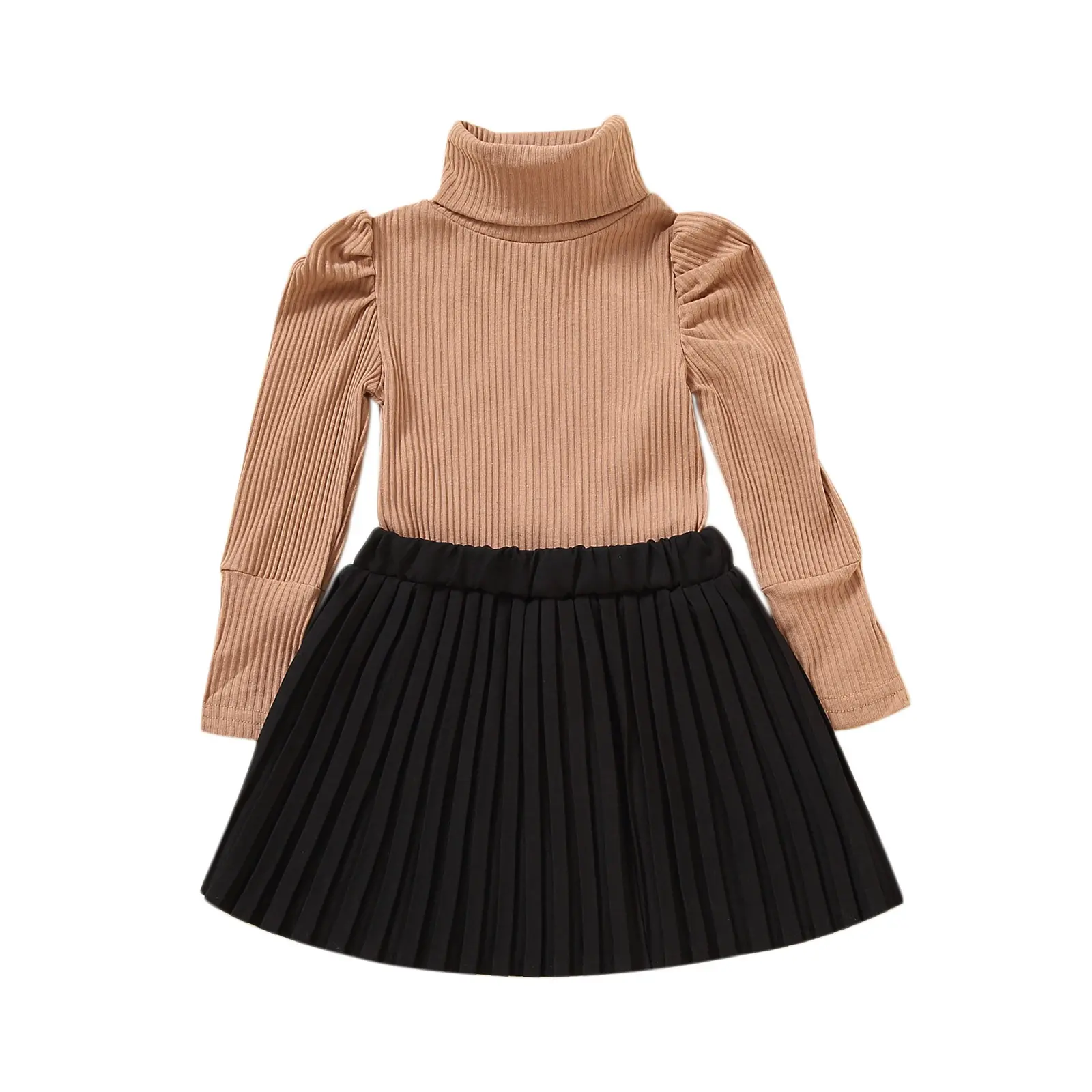 Girls 2 Piece Set Solid Turtleneck Knit Top with Pleated Skirt Khaki White Red Brown Cute Fall Outfit