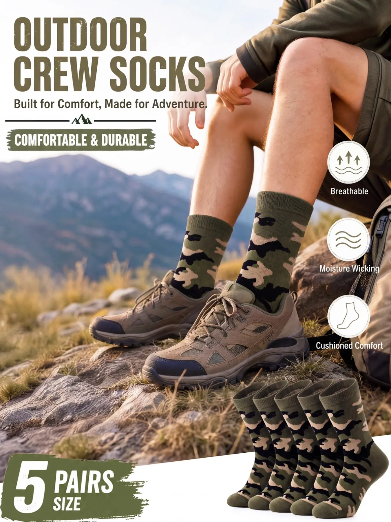 5 Pairs Men's Camouflage Pattern Durable Comfortable Crew Socks, Breathable Classic Sports Socks for Outdoor Hiking Work Daily Wear, Gift Idea