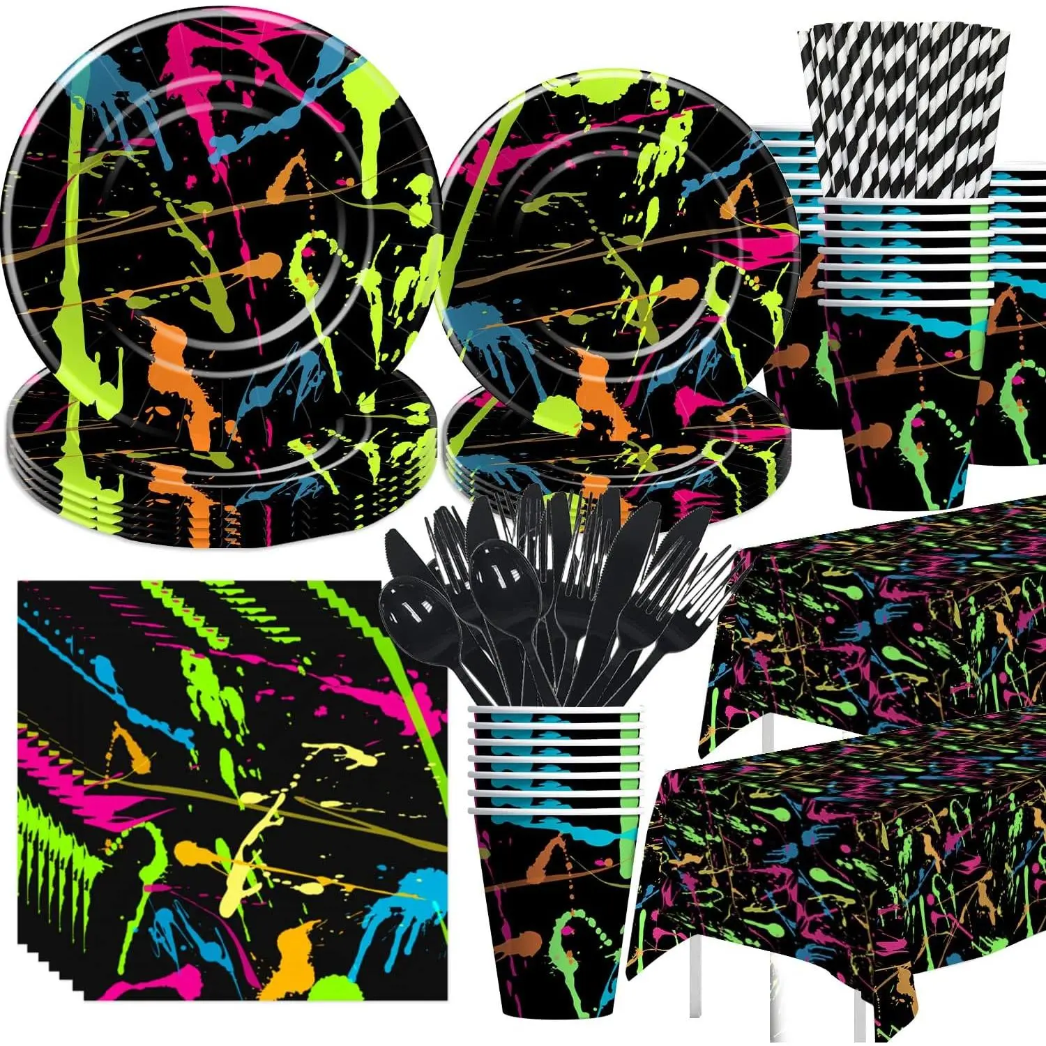 Neon Glow Party Supplies Tableware, Include Plate, Cup, Napkin, Tablecloth, Cutlery, Straw, Neon Graffiti Glow Theme Birthday  Shower Decorations | Serve 24