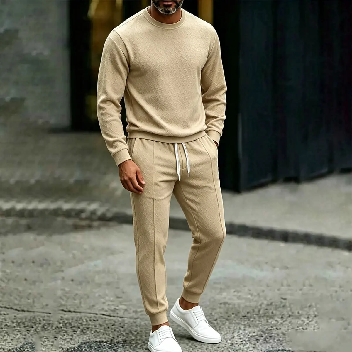 Men's Plain Khaki Diamond Textured Crew Neck 2-Piece Menswear Tracksuit, Longsleeves Pullover Top, Drawstring Elastic Cuff Jogger Pants, Casual Street Clothes Outfit