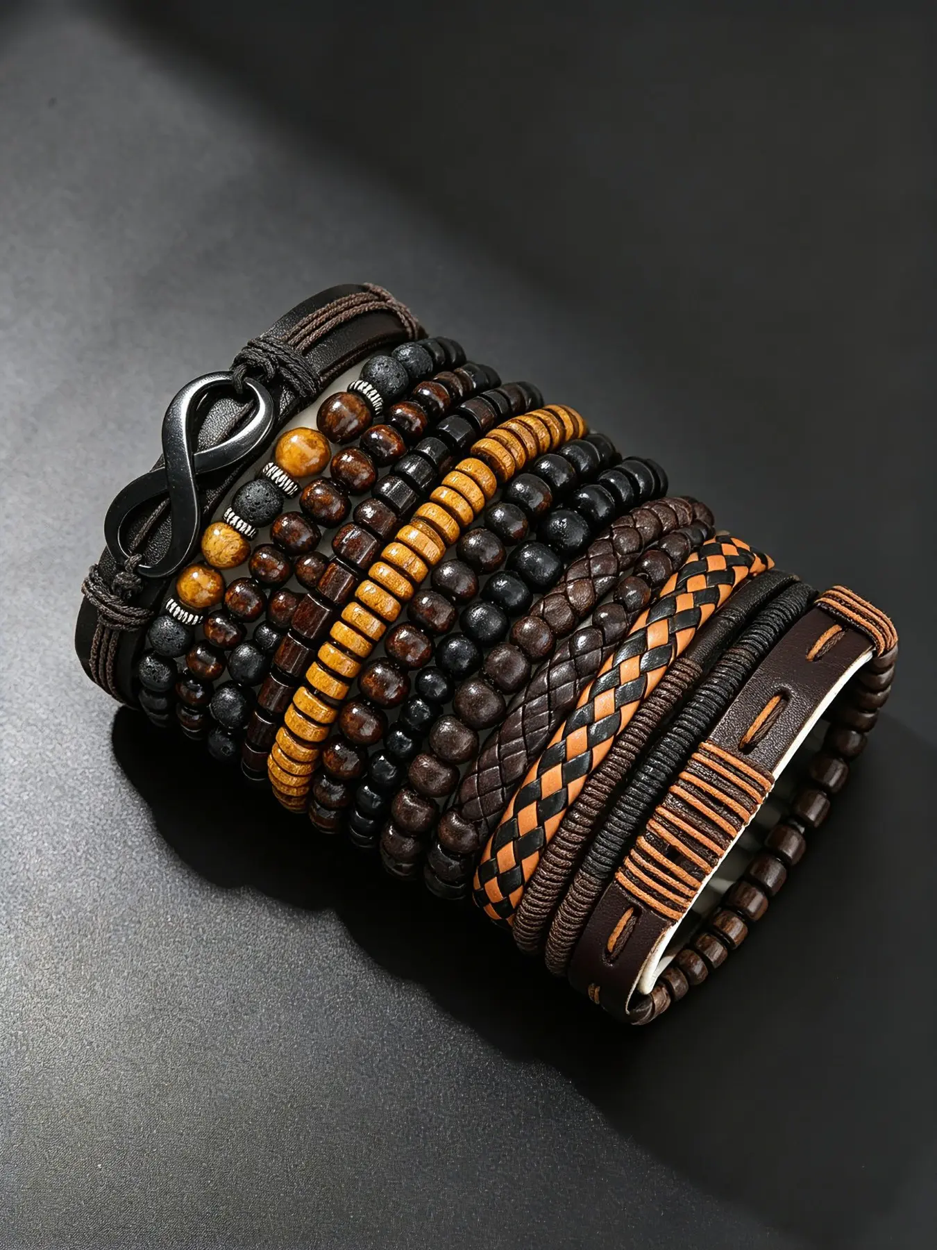 Fashion Street Style Wooden Bead PU Leather Bangle Set, Casual Bracelets for Boys, Trendy Jewelry for Daily Wear, No Box Included