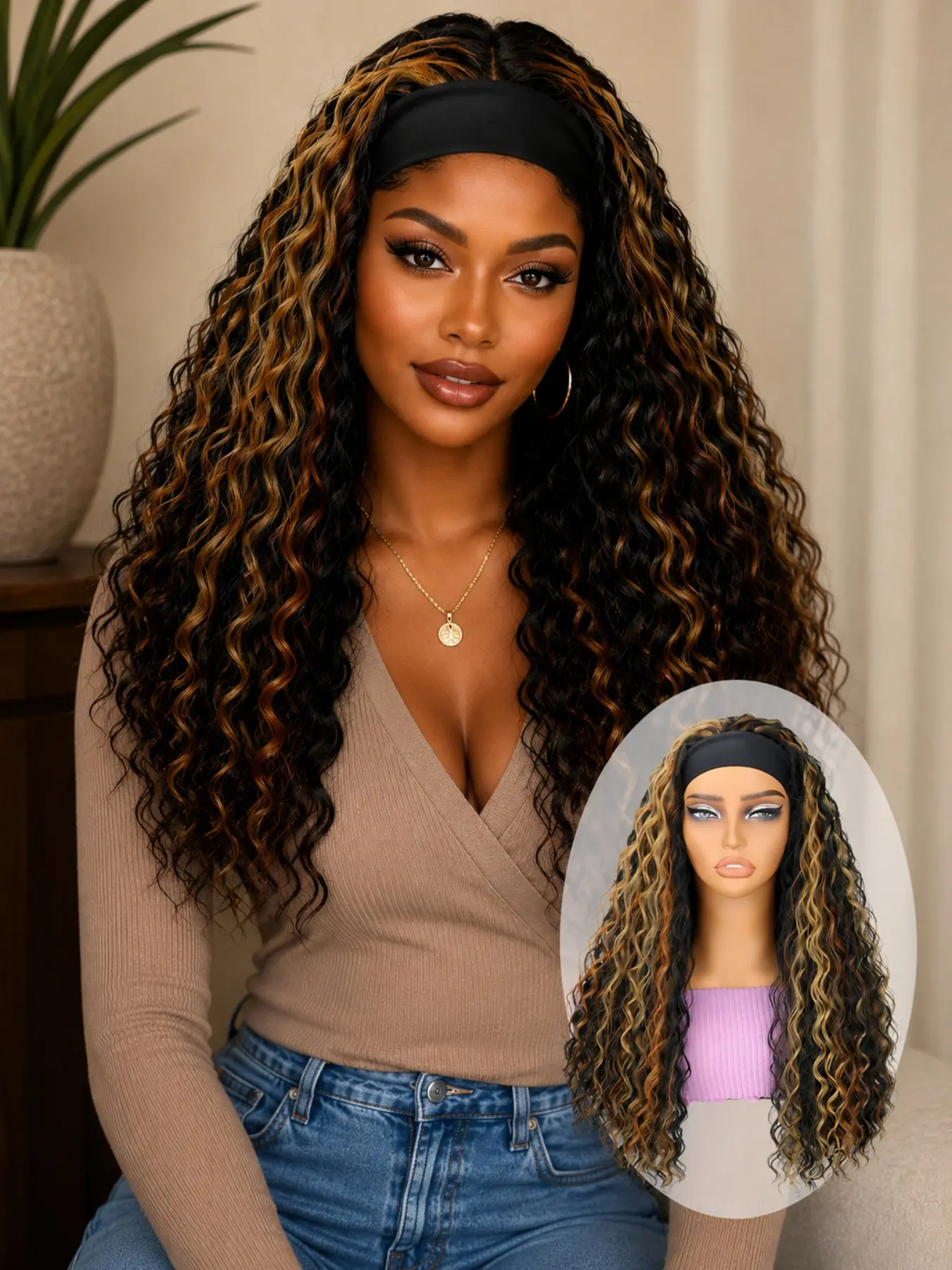 Glueless Ice Silk Headband Wig, 22 Inch Wavy Curly Ombre Hair, Natural Black Honey with Golden Highlights Curly Wave Synthetic Wig for Woman, Soft & Lightweight, Easy to Wear for Daily, Party & Casual Wear, Glueless Headband Wigs