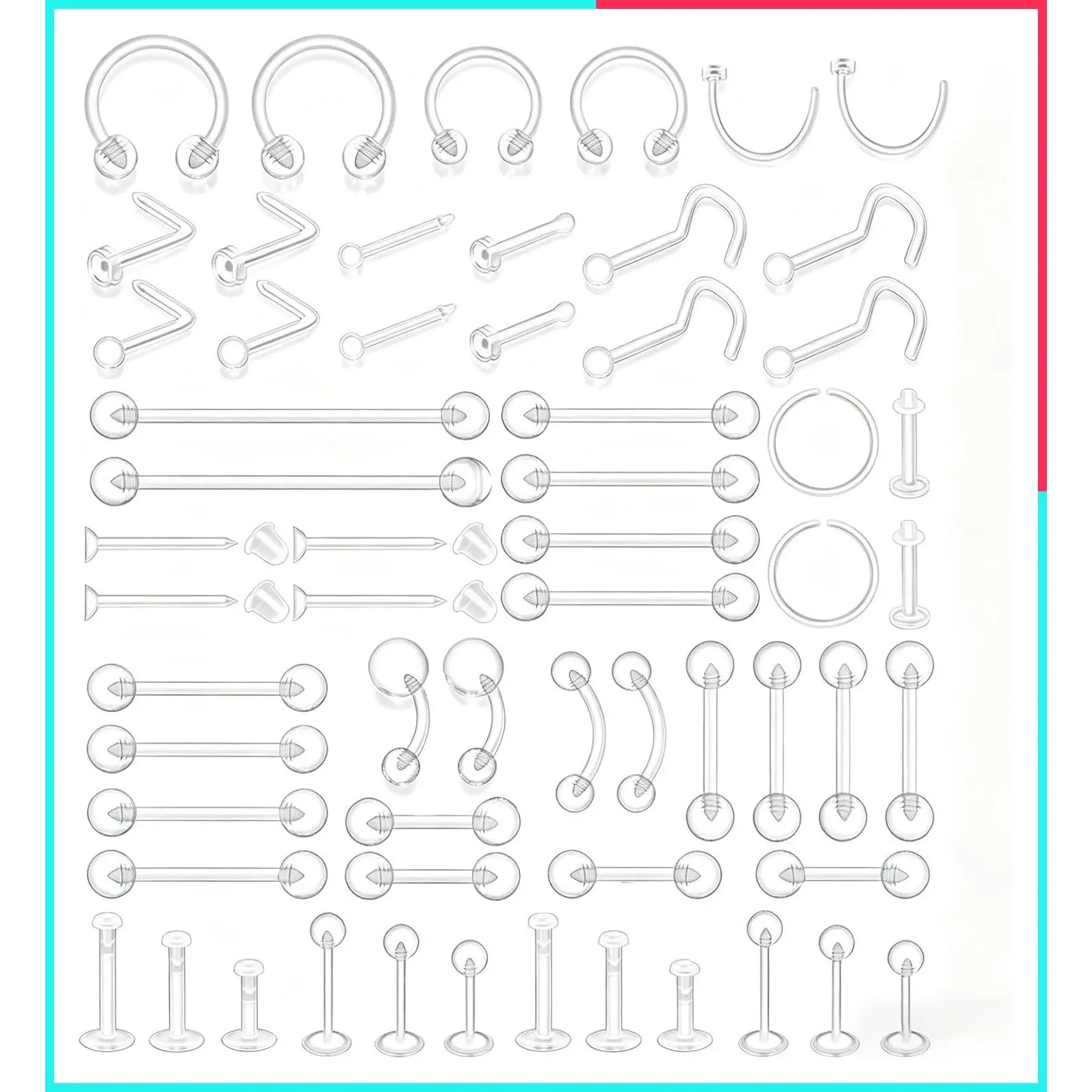 60-200Pcs Clear Bioflex Plastic Piercing Retainers for Surgery - Nipple, Tongue, Nose, Septum, Eyebrow, Belly, Cartilage, Tragus, Industrial, Lip, Labret Rings & Studs for Work