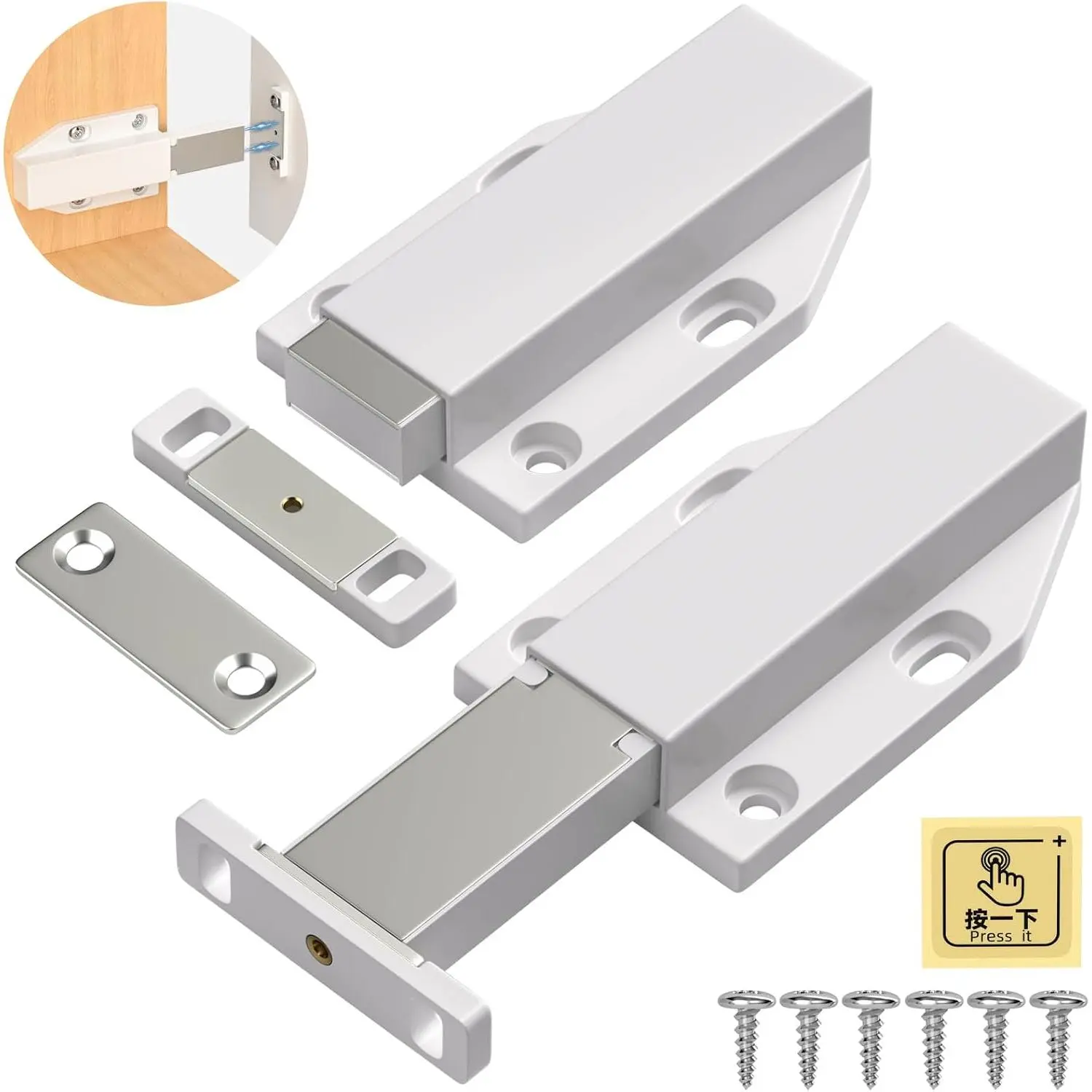 GJANSH Magnetic Push Latch Heavy Duty Push to Open Cabinet Hardware Magnetic Touch Latches for Large Door Push Release Latches Kitchen Drawer Push Catch Press Out Latch (White, 2 Pack)
