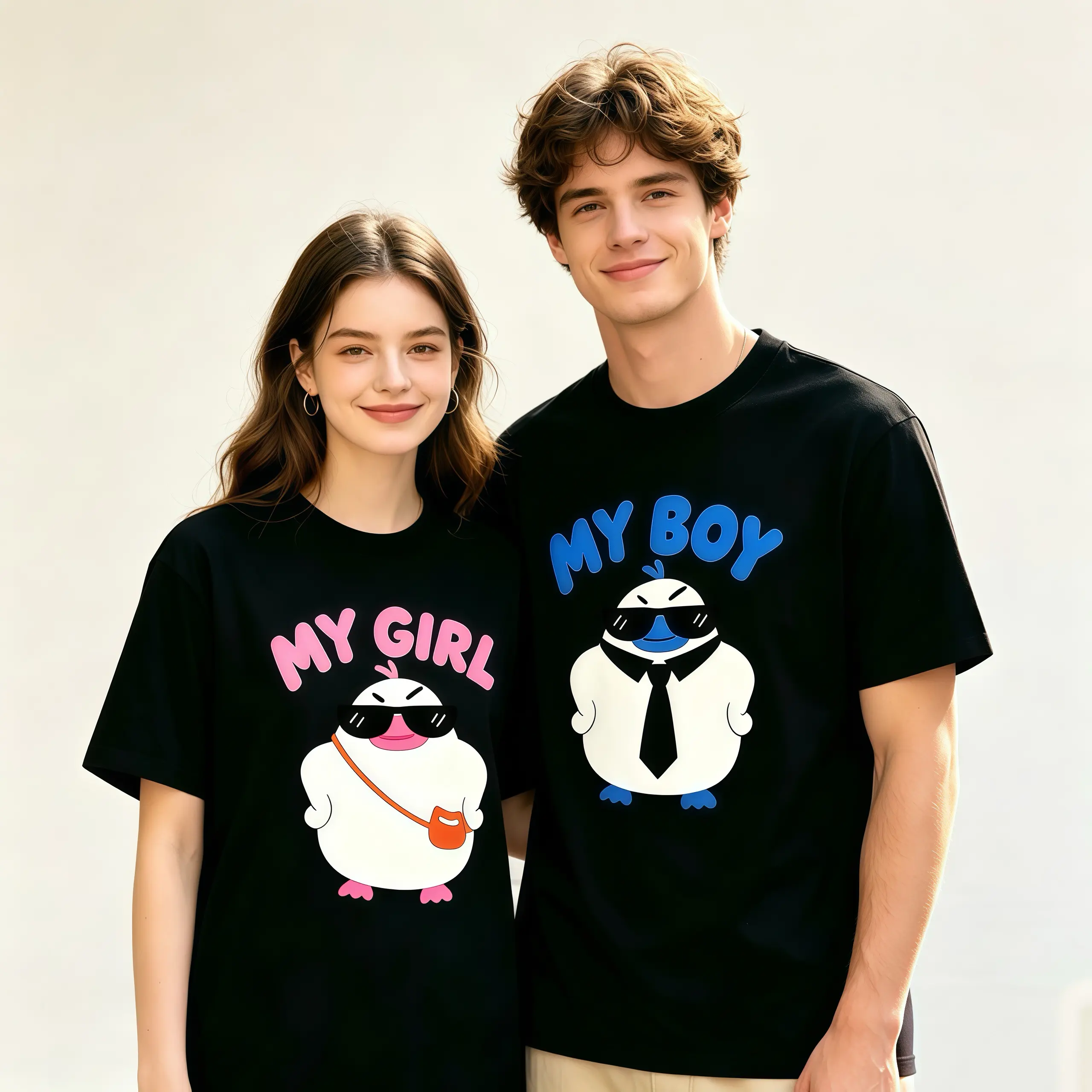 Cute Cool Duck Couple Matching Shirts MY GIRL MY BOY Graphic Tees, Soft CVC Fabric Casual Loose T-Shirt for Men Women Anniversary Dating Gift Clothes Suits
