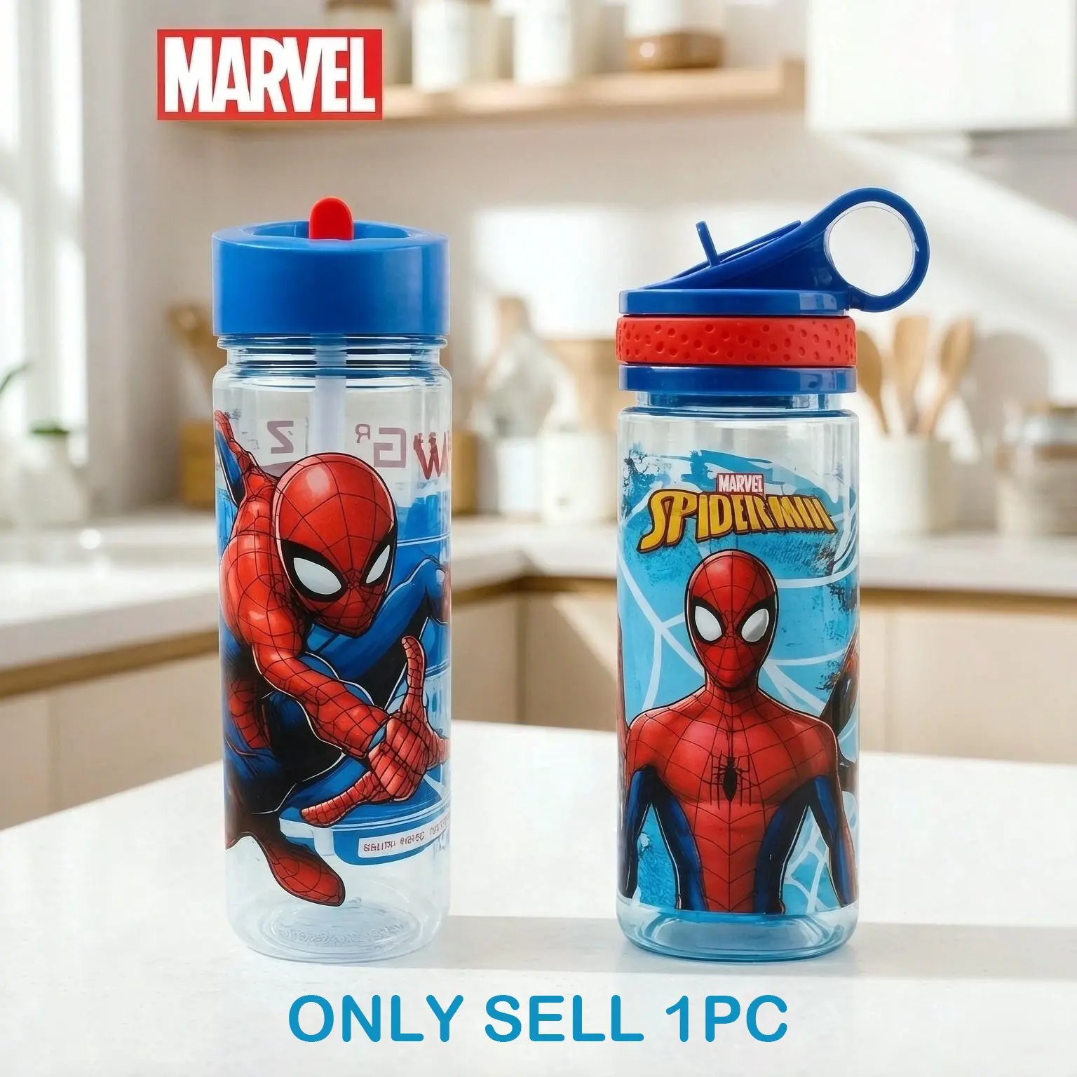 1pc Officially Licensed Marvel Spider-Man Water Bottle With Straw Leakproof Plastic Cup School Travel