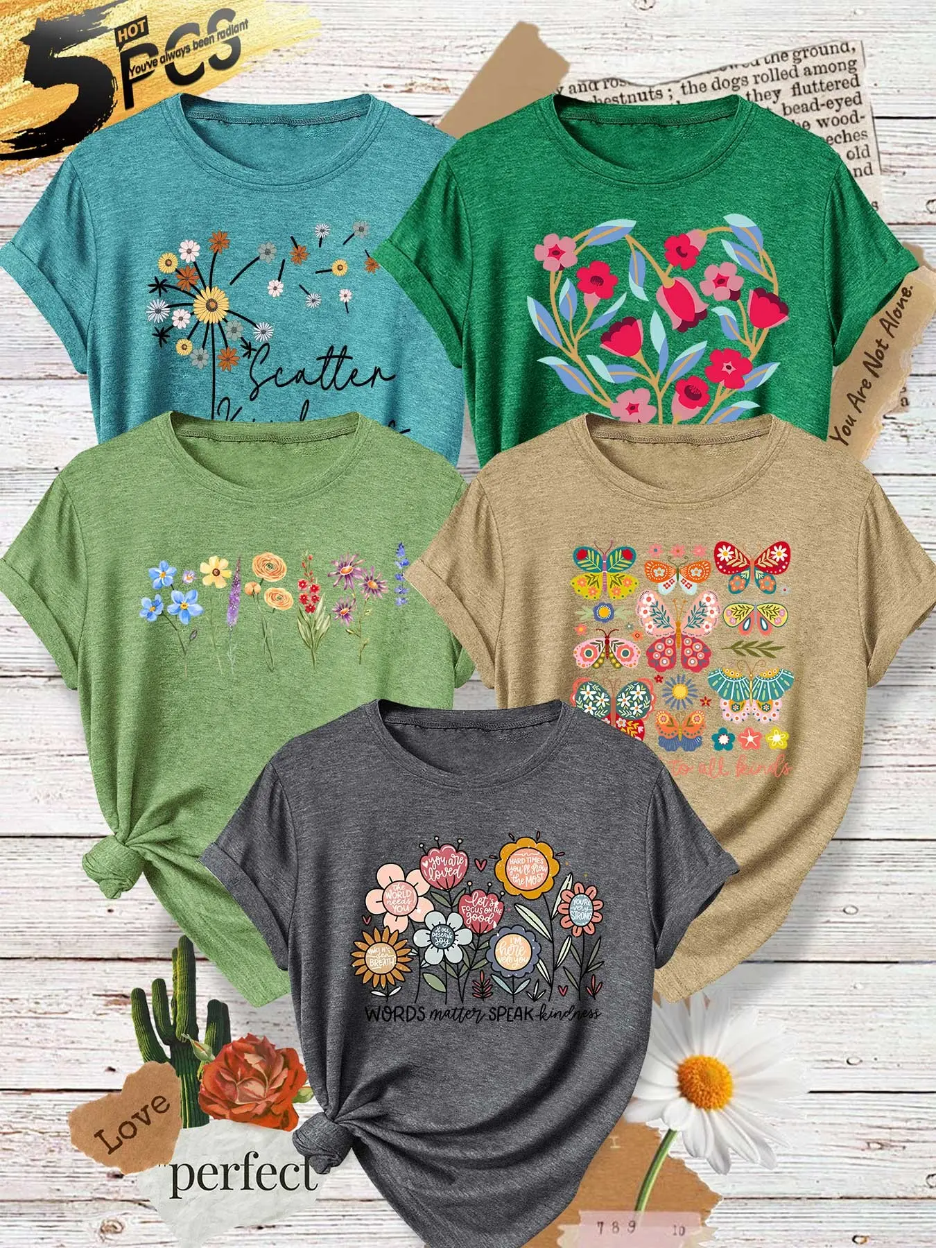 Five-Piece Women's Round Neck T-Shirts, Heart Wildflower Butterfly Print, Soft Fabric, Casual Summer Top, Fashion Design
