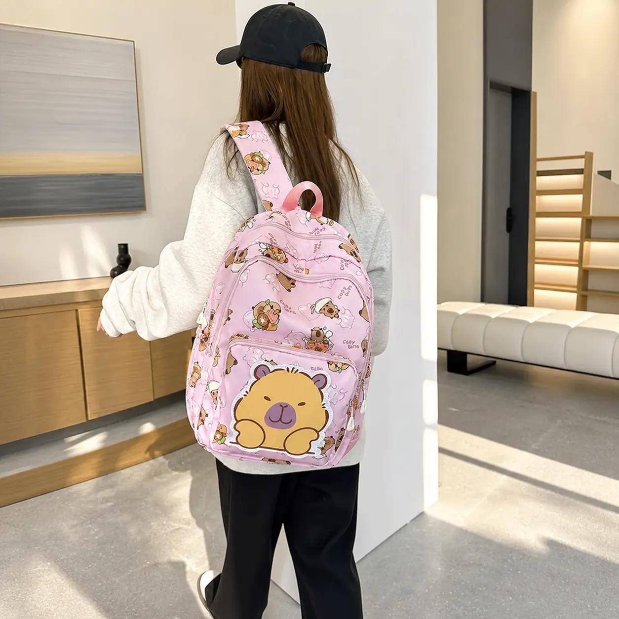 Children's Polyamide Backpacks for School, Cute Cartoon Capybara Print, Lightweight Casual Unisex Daypack for Kids