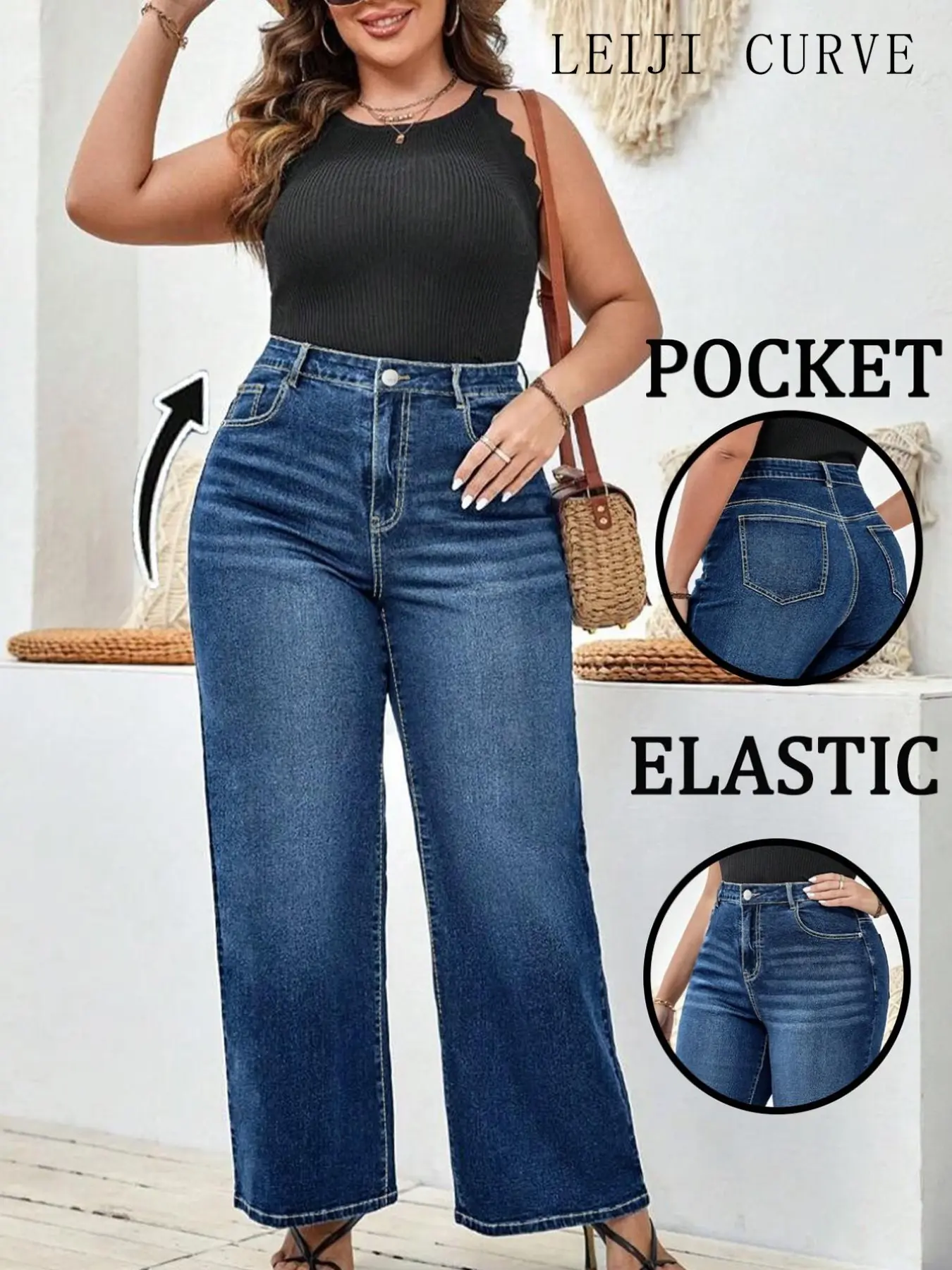Plus Size High Waist Wide Leg Baggy Jeans, American Vintage Style Comfortable High Elastic Daily Wear for Women Loose Jeans