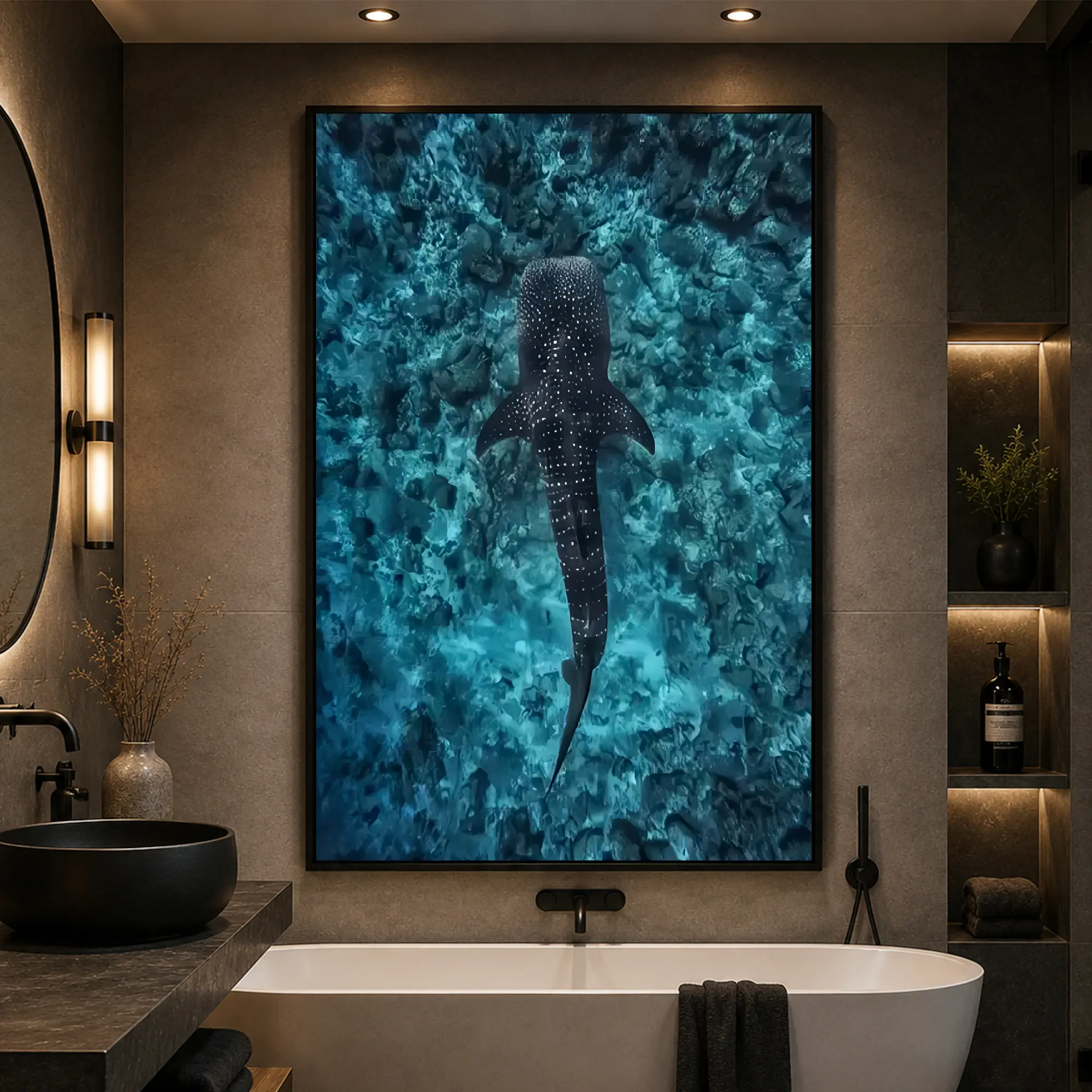 Deep Sea Blue Whale Shark Ocean Light Wall Art Adult Fans Mid-century Modern Black Flash manga wall Decor Y2k y3k 2000s 1980S Cinematic Fantasy Nature Canvas Prints Creative Design Print for Animal Lovers Living Room Artistic