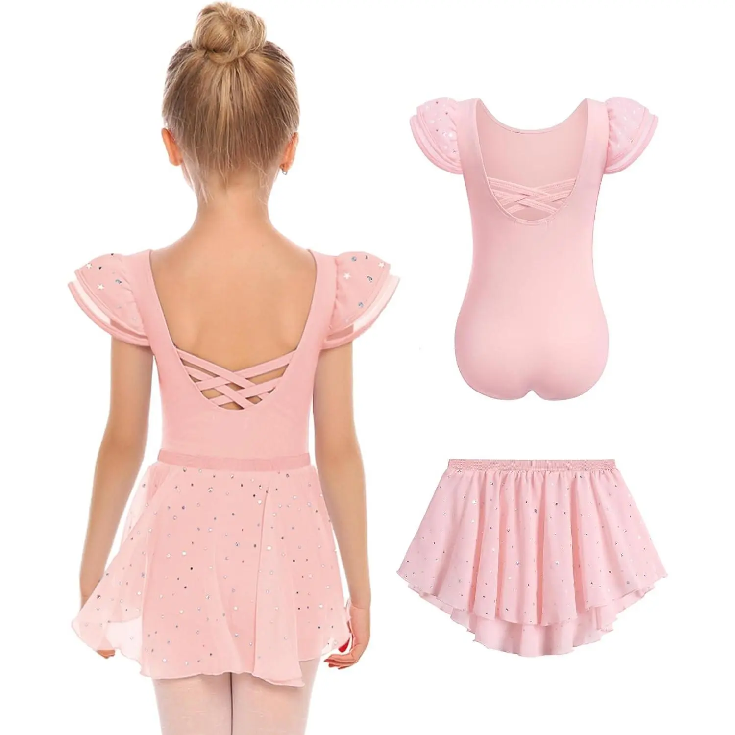 Girls Ballet Leotards with Removable High Low Skirt Toddler Ruffle Sleeve Hollow Back Dance Outfit Combo