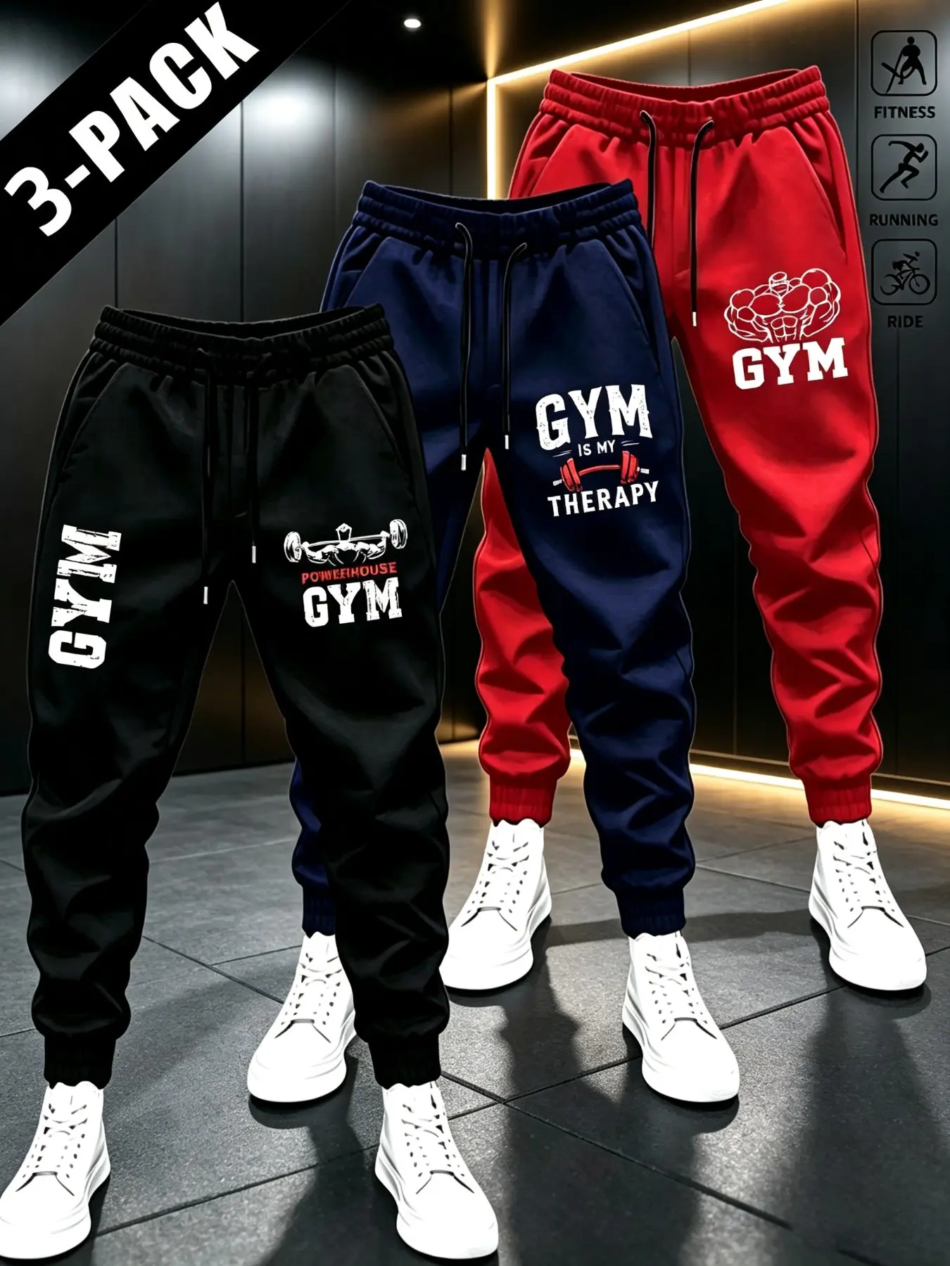3-Pack Men's Fitness Printed Jogger Pants, Casual Elastic Waist Drawstring Sports Sweatpants, Daily Workout Tight-Fit Long Pants
