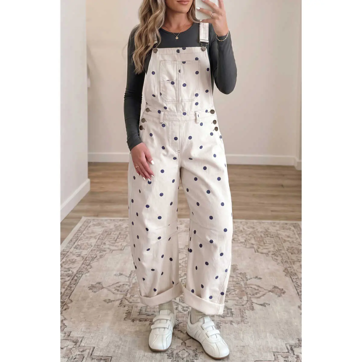 Cute Polka Dot Denim Overalls for Women, Casual Barrel Leg Suspender Pants with Adjustable Strap and Side Button, Machine Washable, Normal Type, Loose-Fitting, Cotton, Sleeveless, Adjustable Straps, Strappy, All Seasons, Barrel Pants