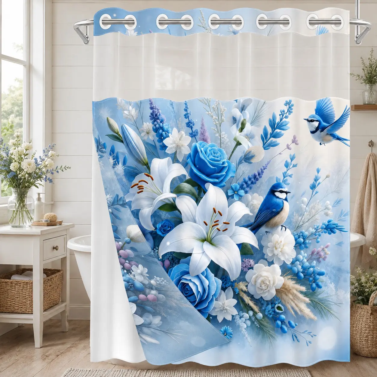 Blue Lily Rose Bird No Hook Shower Curtain with Snap-In Liner, Double Layer Waterproof, Sheer Mesh Top, Removable White Liner, Machine Washable, Farmhouse Garden Decor, Hotel, Dorm & Home Bathroom Accessory, 72 x 74 Inches