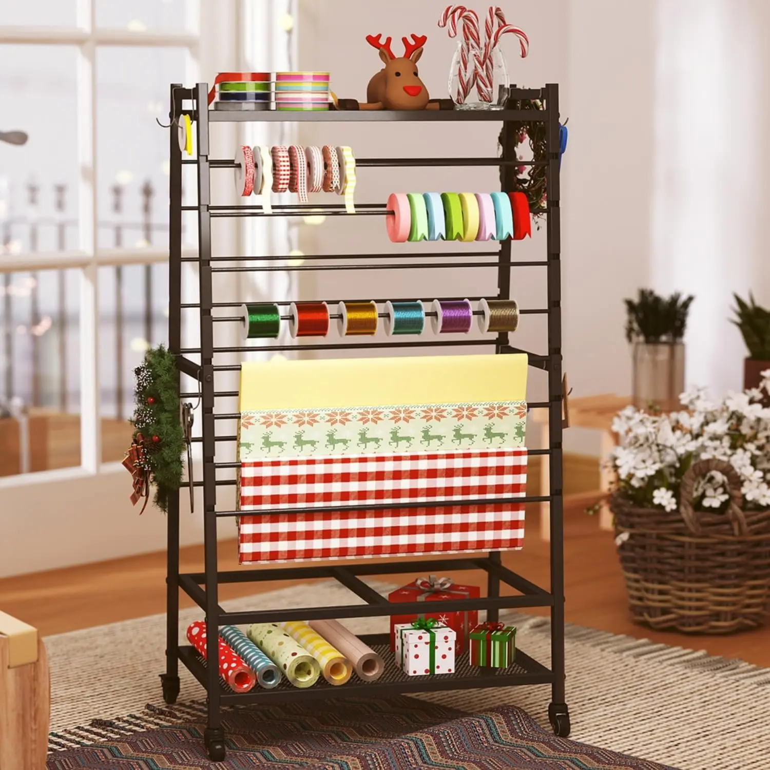 Ribbon Holder-Ribbon Organizer, Double-Sided Ribbon Holder Organizer Rack,Large Capacity Rolling  Wrap Rack Ribbon Organizer for Craft Room