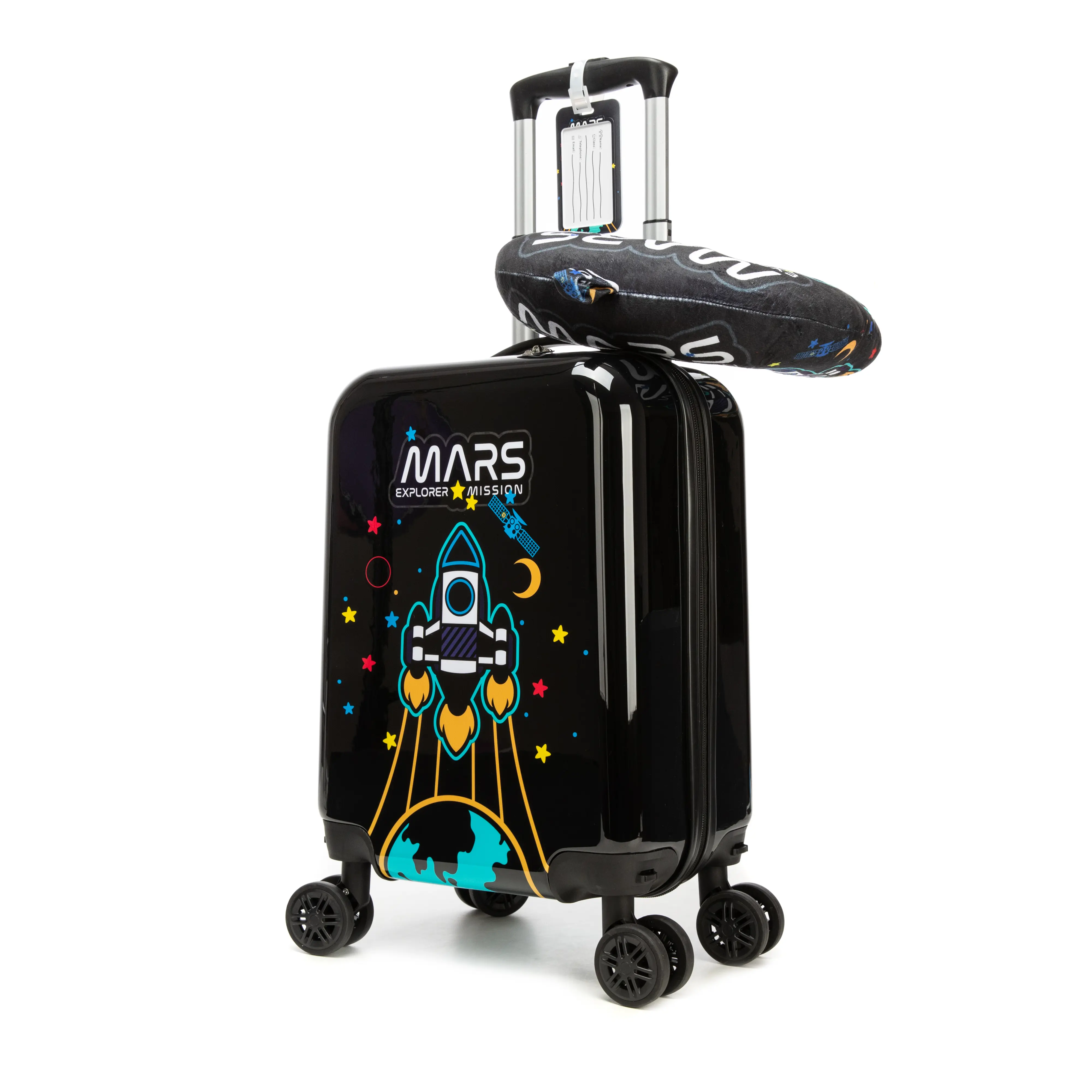 Kids Space Rocket Suitcase Set with Neck Pillow | Hard Shell Carry On Spinner Luggage for Boys & Girls | Mars Explorer Travel Bag 2026