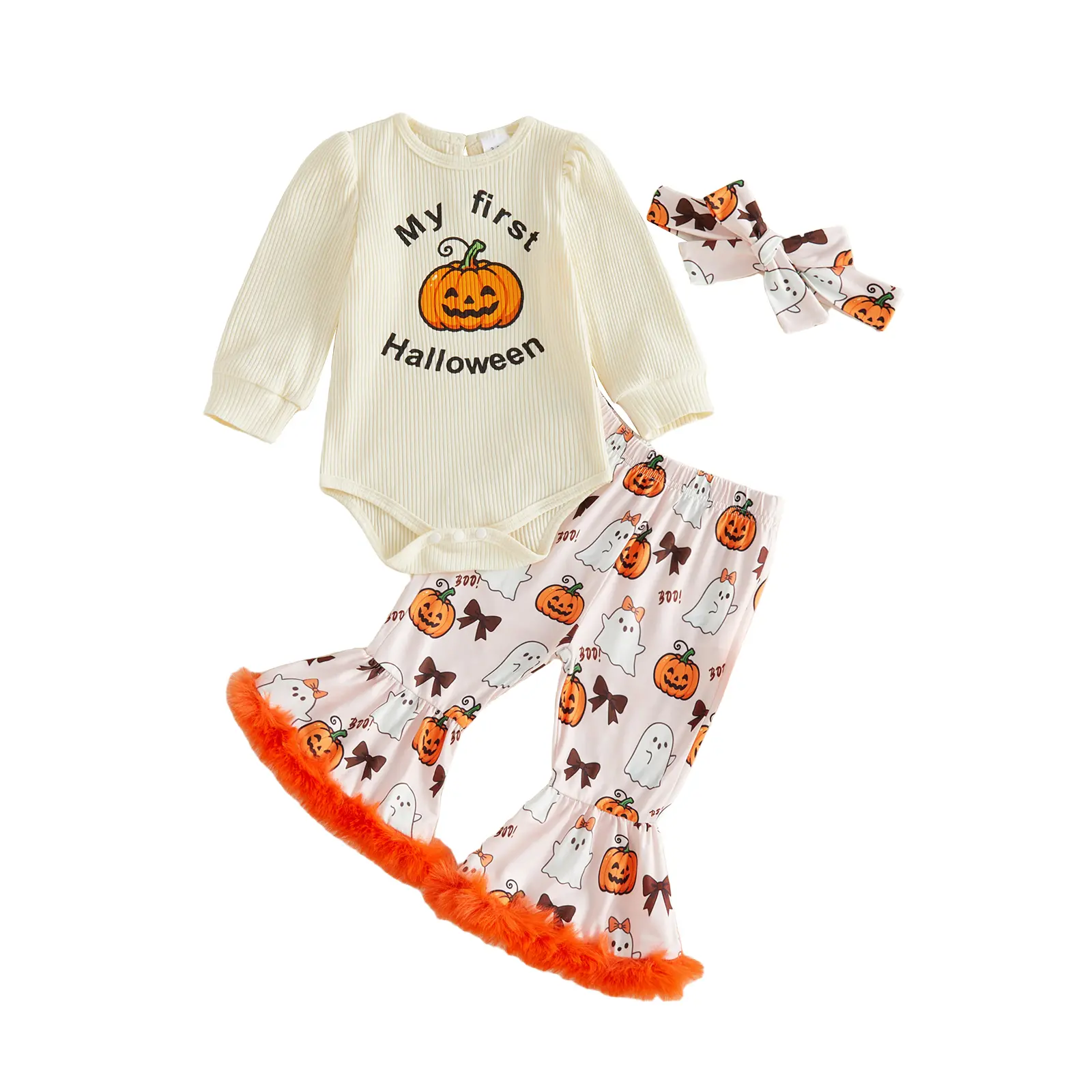 FOCUSNORM Infant Baby Girl Halloween Outfits Pumpkin Long Sleeve Romper Bell Bottom Pants and Headband Set 0-18 Months