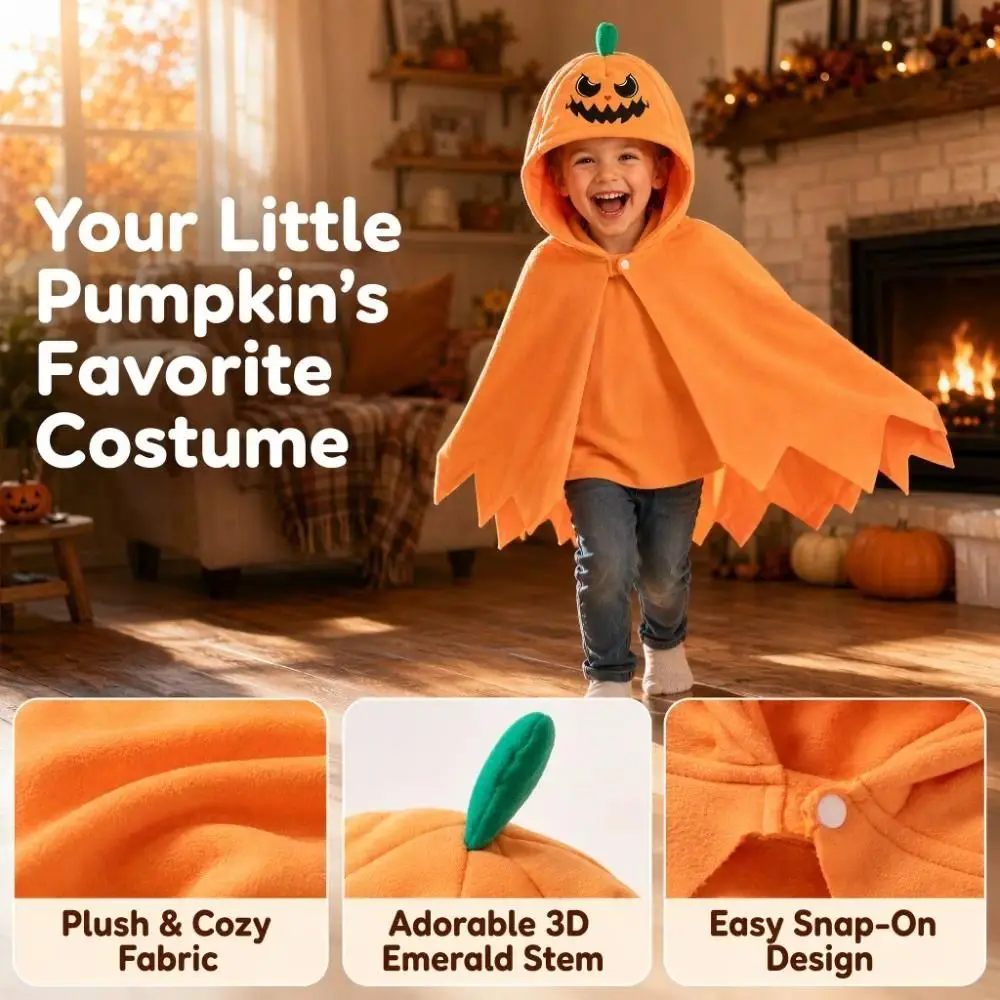 Pumpkin Hooded Cloak, Halloween Orange Cape Costume for Women, Men & Kids, Spooky Pumpkin Cosplay Shawl for Halloween Parties, Costume Events, Carnival & Trick-or-Treat