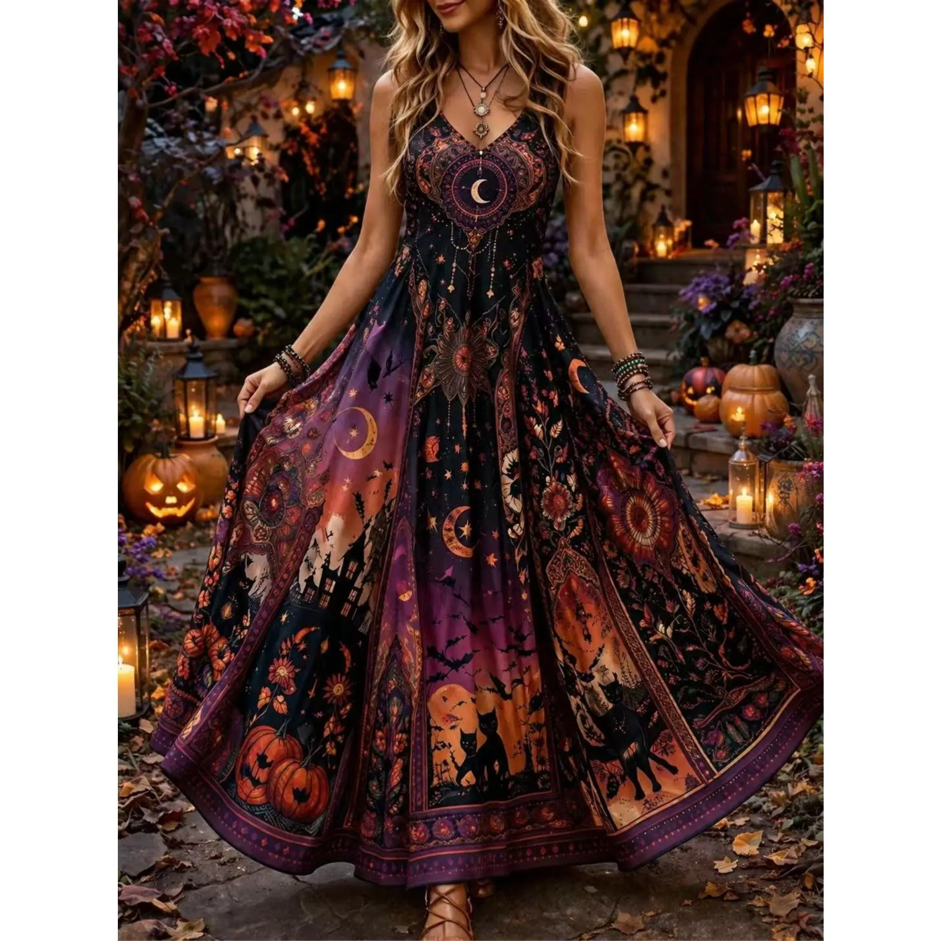 [New Halloween] 2026 new retro Halloween castle black cat pumpkin print sleeveless long dress, dark wind crescent moon bat witch atmosphere swinging dress