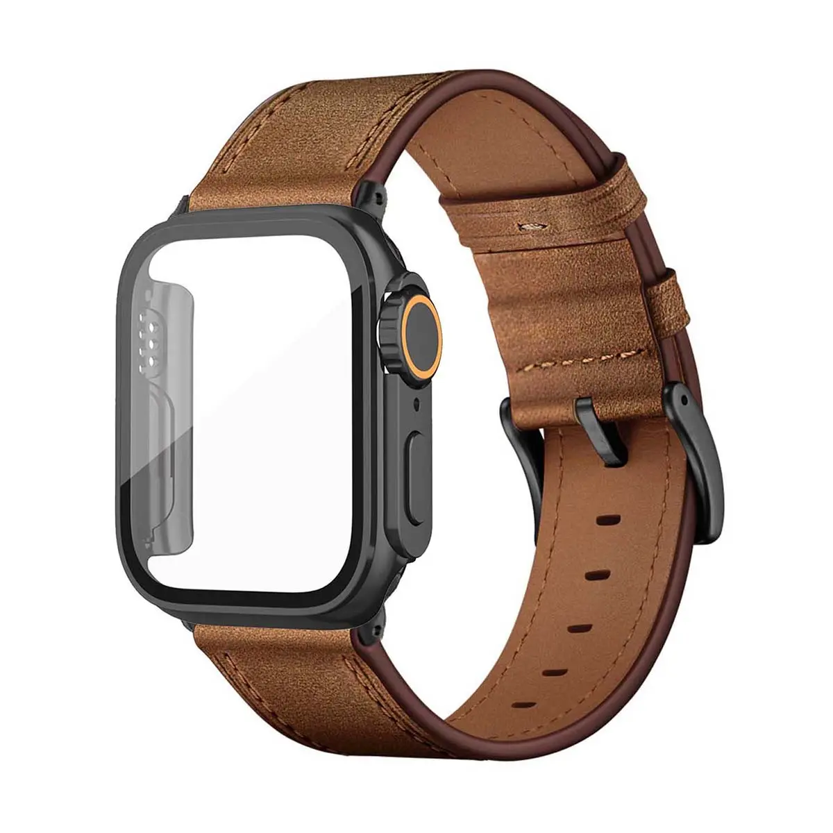 Vintage Crazy Horse Leather Apple Watch Band + Full Protection Case Set, Smartwatch Accessories, Adjustable PU Strap, Compatible with Iwatch Ultra Se S1-S10