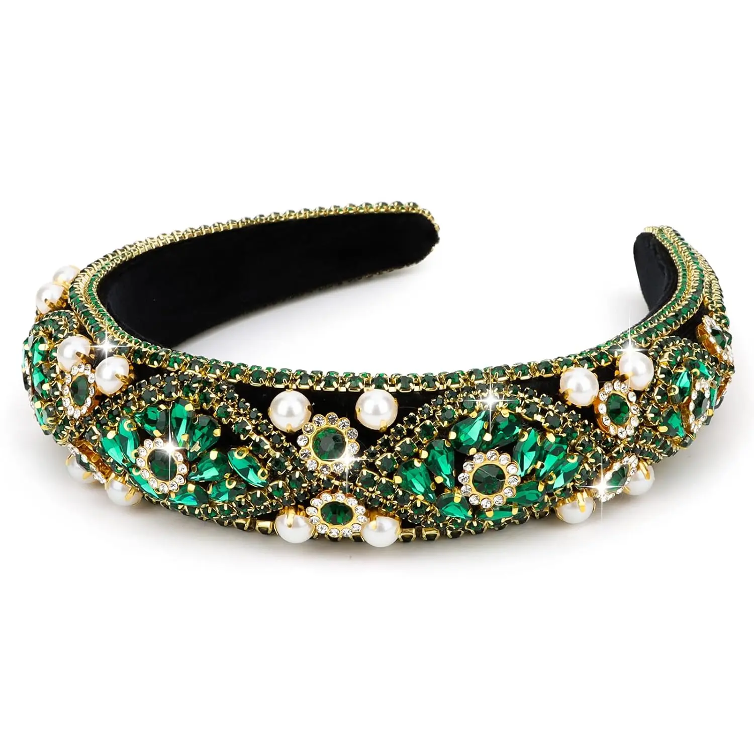 Green Rhinestone Headband with Pearls Women Fancy Sparkly Bling Diamond Vintage Bulky Puffy Luxury Beaded Padded Renaissance Costume Hair Accessories For Women Girls Gifts