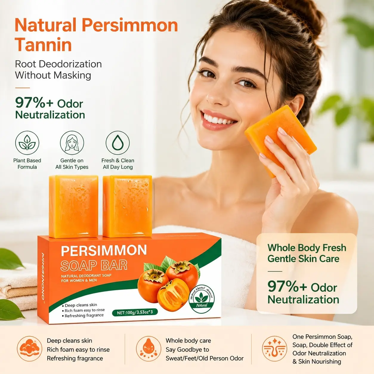 3pcs Persimmon Soap Bar for Men & Women, Natural Persimmon Tannin Deodorant Soap, Whole Body Odor Control, Deep Cleansing, Rich Foam, Refreshing Bath Soap, Daily Body Care,