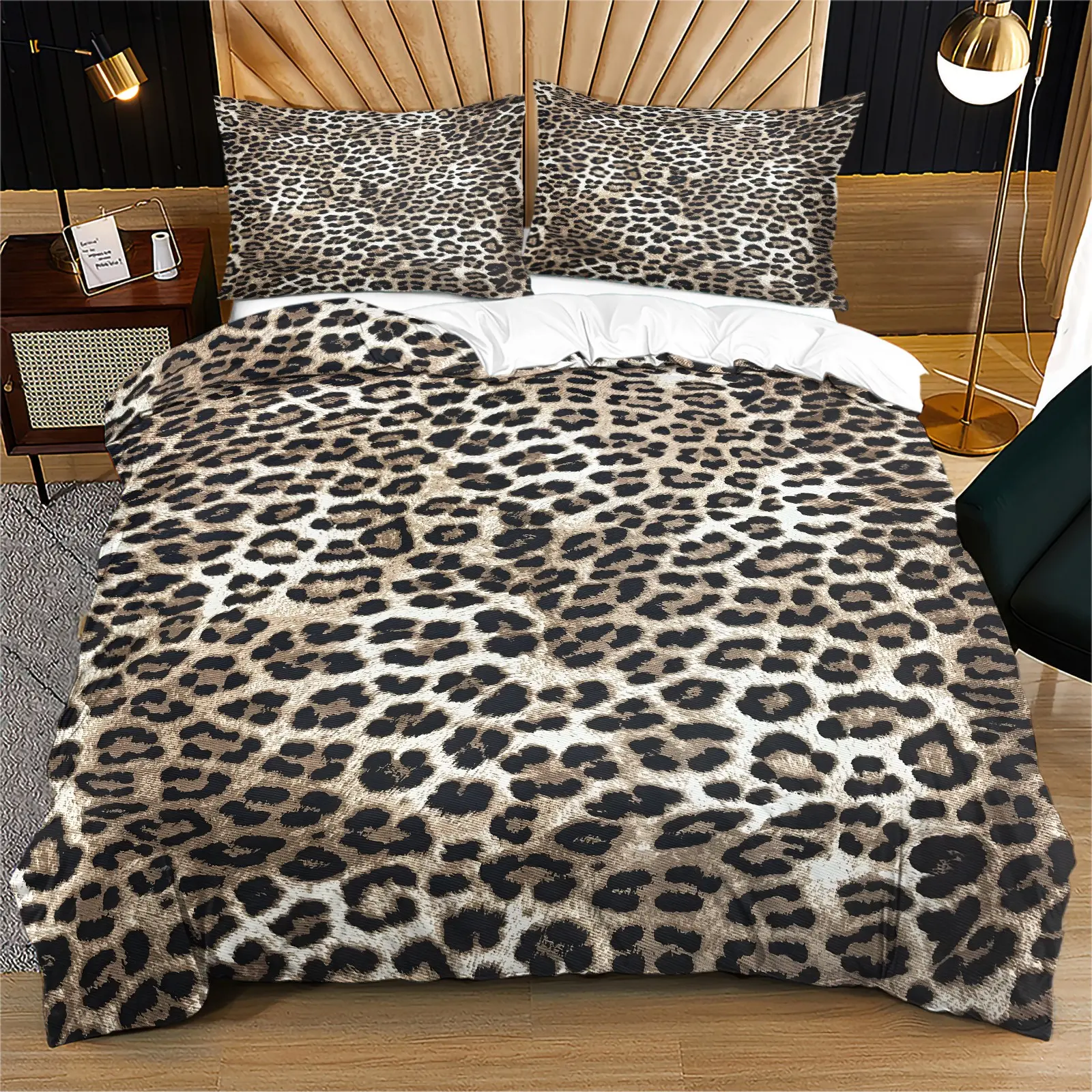 Realistic Vintage Brown Leopard Fur Print Duvet Cover Set, Wild Animal Spots Texture Pattern Bedding Set, Soft Lightweight Breathable Machine Washable Bed Cover, Zipper Closure & Corner Fixing Ties, Includes 2 Pillowcases - without Core