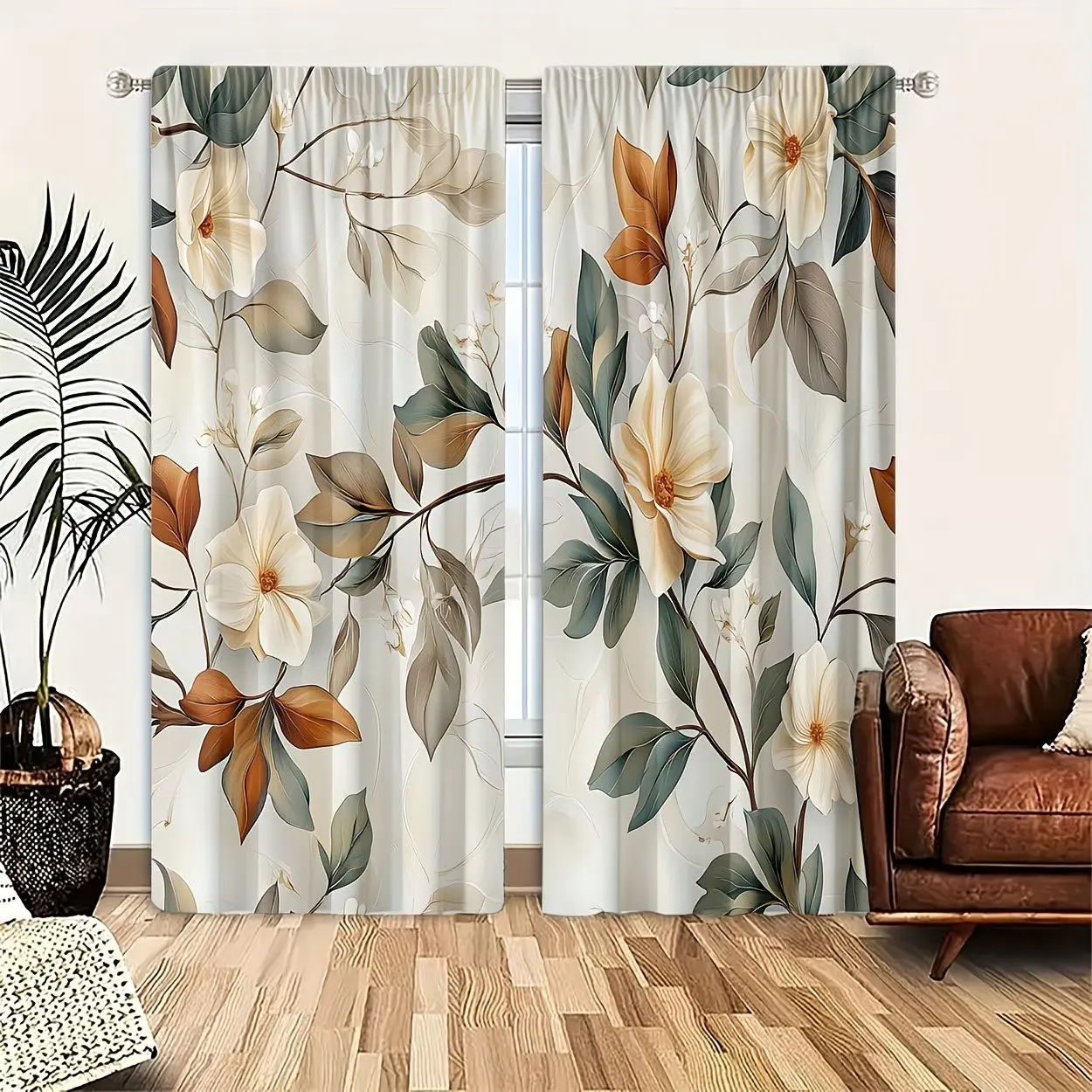 2D Plain 2-Piece Set, Colorful Leaf and Floral Print, Filter Light Curtains, Ideal for Bedroom, Living Room, Office, Rod Pocket Design