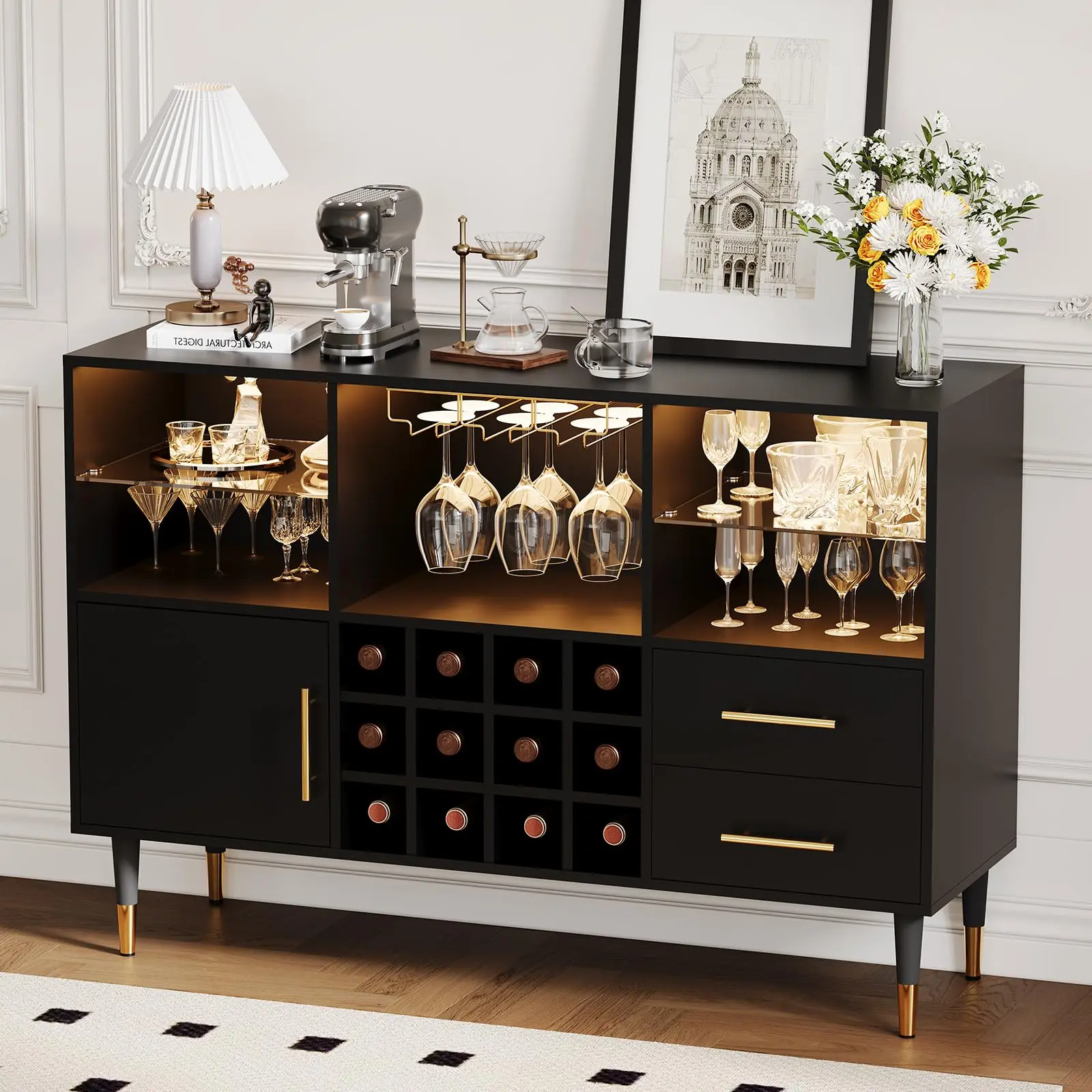 Wine Bar Cabinet with LED Lights & Charging Station - Modern Wood Coffee Bar with Storage, Sideboard Buffet Cabinet