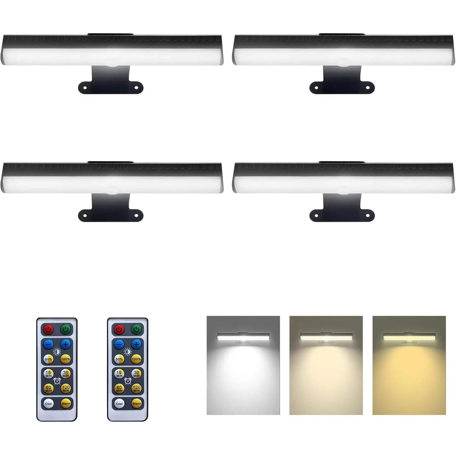 4pcs Battery Operated Picture Light with 3 Lighting Color,Painting Light for Wall with Remote,Led for Art Indoor Brightness Dimmable, Timer-Off Display Accent Light for Frame Gallery