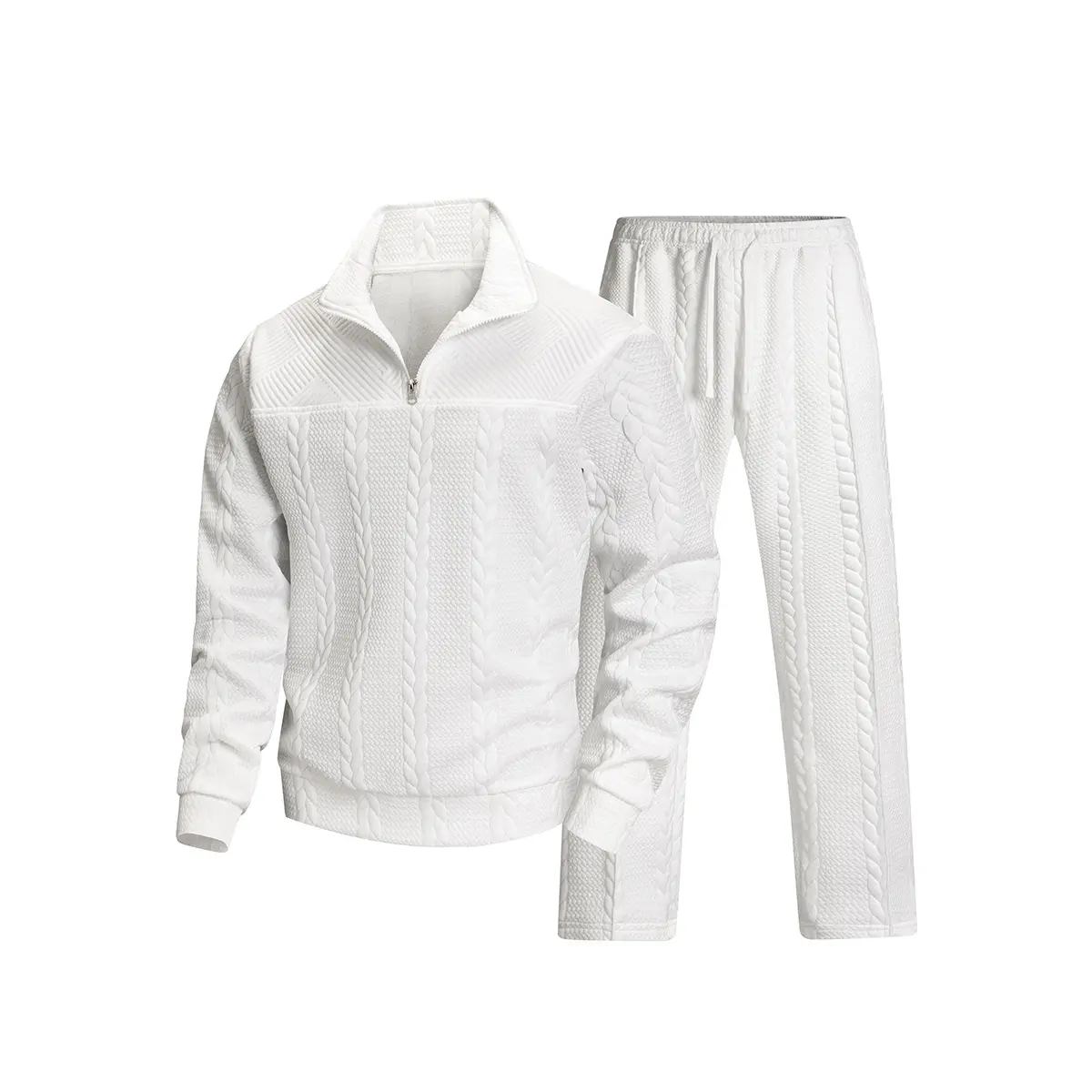 Men's 2-Piece Textured Cable Knit Tracksuit, Fitted Cut Half-Zip Pullover & Straight Leg Sweatpants Set for Casual Wear, Machine Wash, Male
