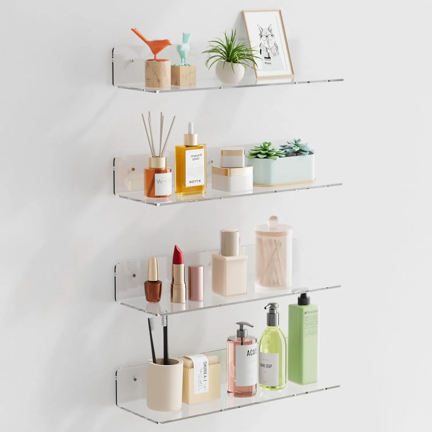 4-Pack Clear Acrylic Floating Shelves, 12" Invisible Wall Mounted Shelves – Space-Saving Storage for Kids’ Books, Bathroom, Bedroom, Kitchen, Living Room – Modern Display Organizer