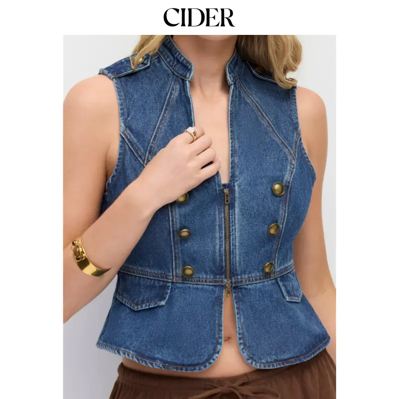 Cider Washed Denim V-neck Metal Detail Zip Through Vest
